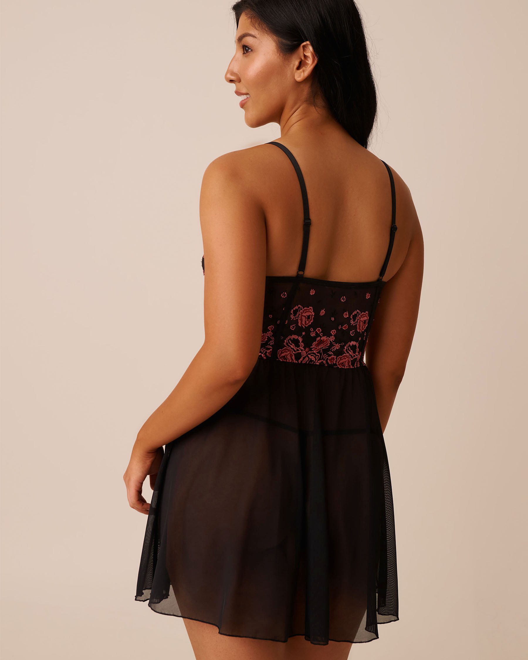 LA VIE EN ROSE Embroidered Mesh Plunge Nightie Black & Pink Floral 60500197 - View2