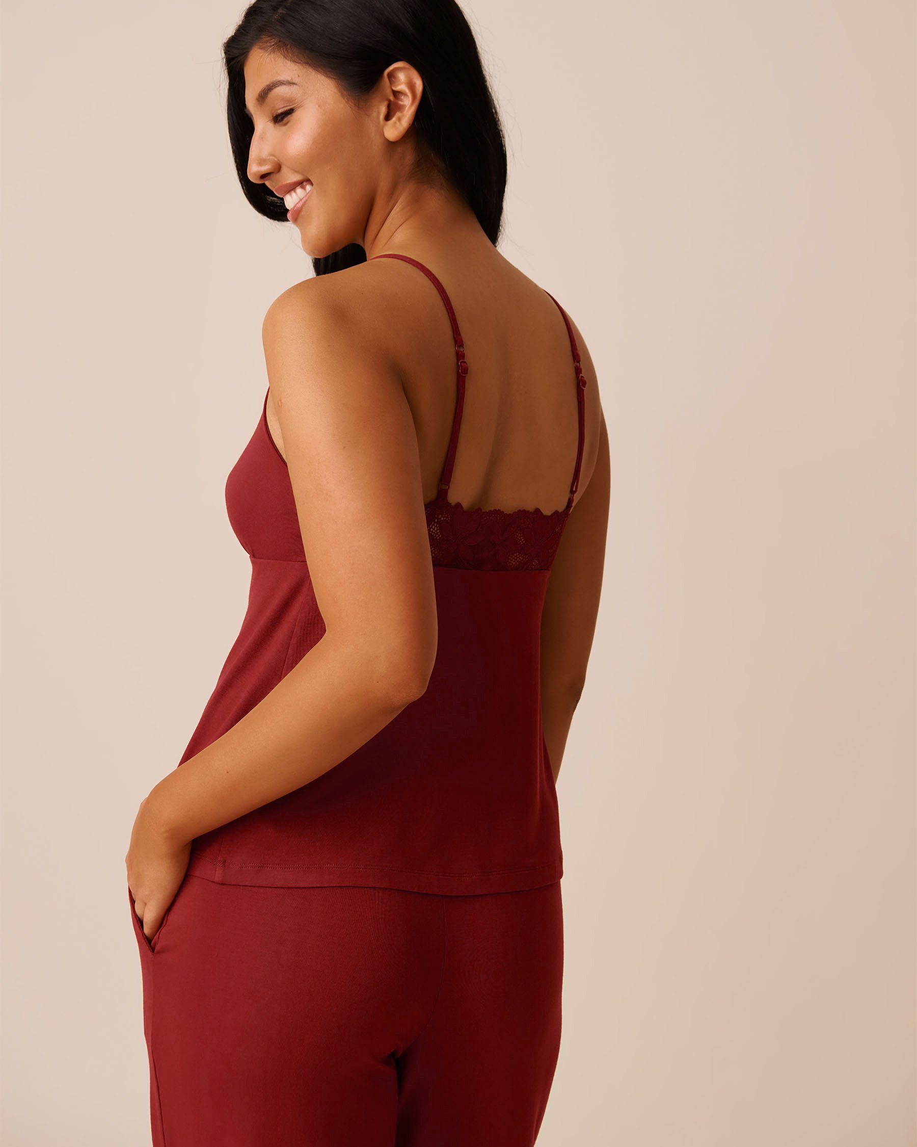 LA VIE EN ROSE Lace Detail Modal Cami Berry Red 60100147 - View2