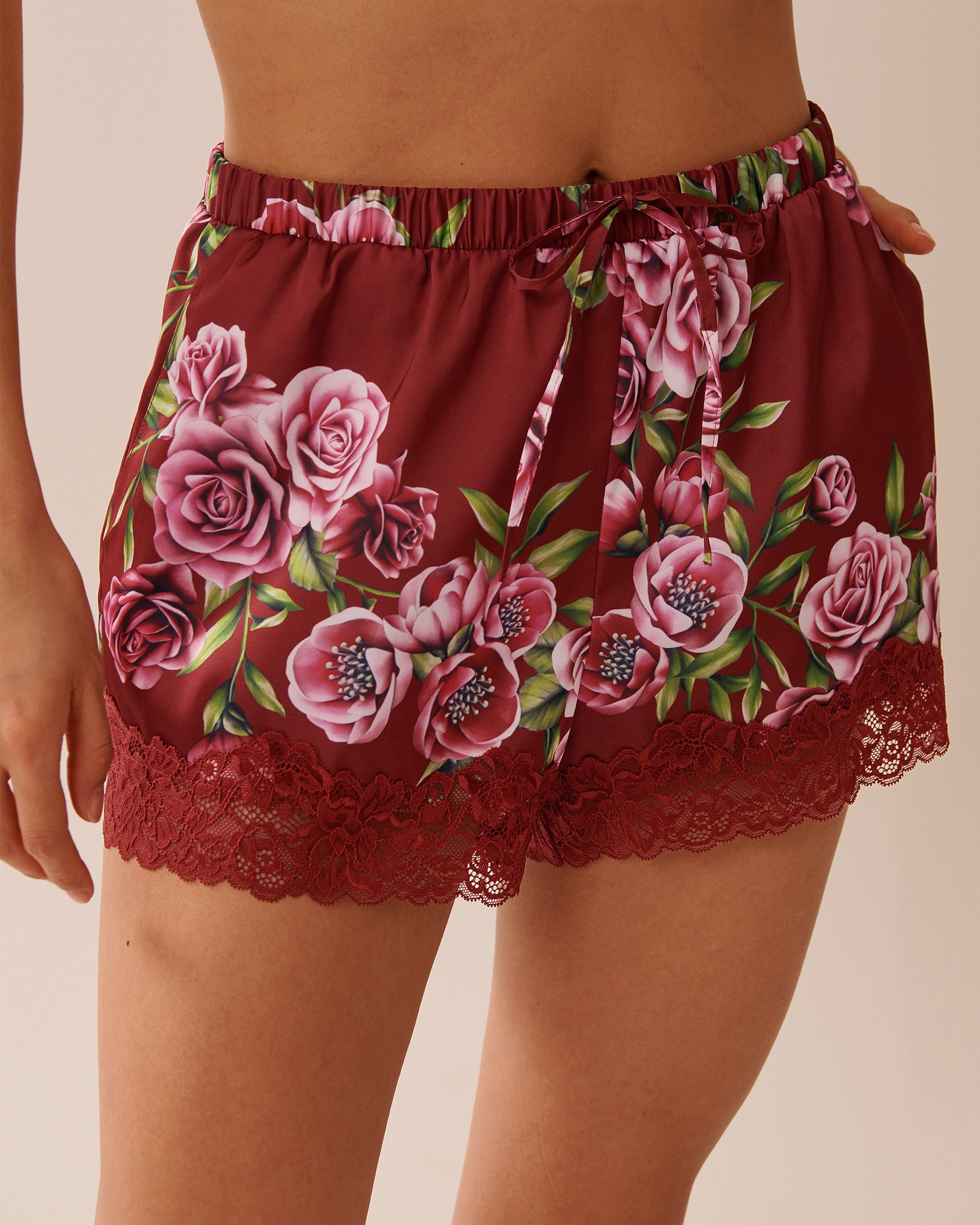 LA VIE EN ROSE Rose Print Satin and Lace Trim Shorts Red Rose Garden 60200136 - View1
