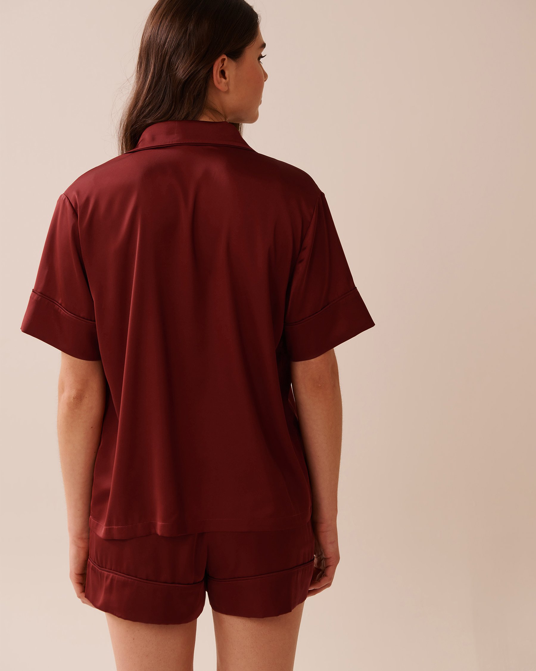 LA VIE EN ROSE Short Sleeve Satin Pajama Set Berry Red 60400058 - View2