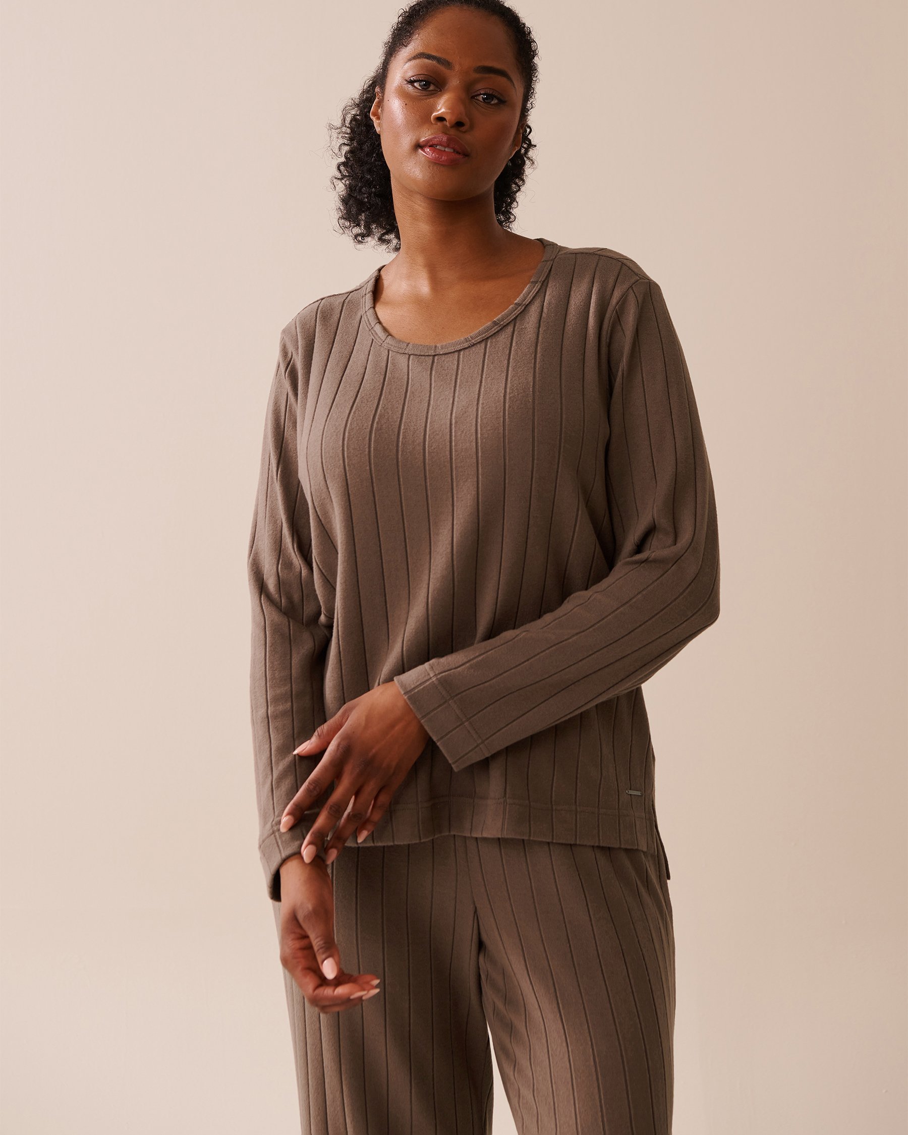 LA VIE EN ROSE Ribbed Long Sleeve Shirt Taupe 50100112 - View4
