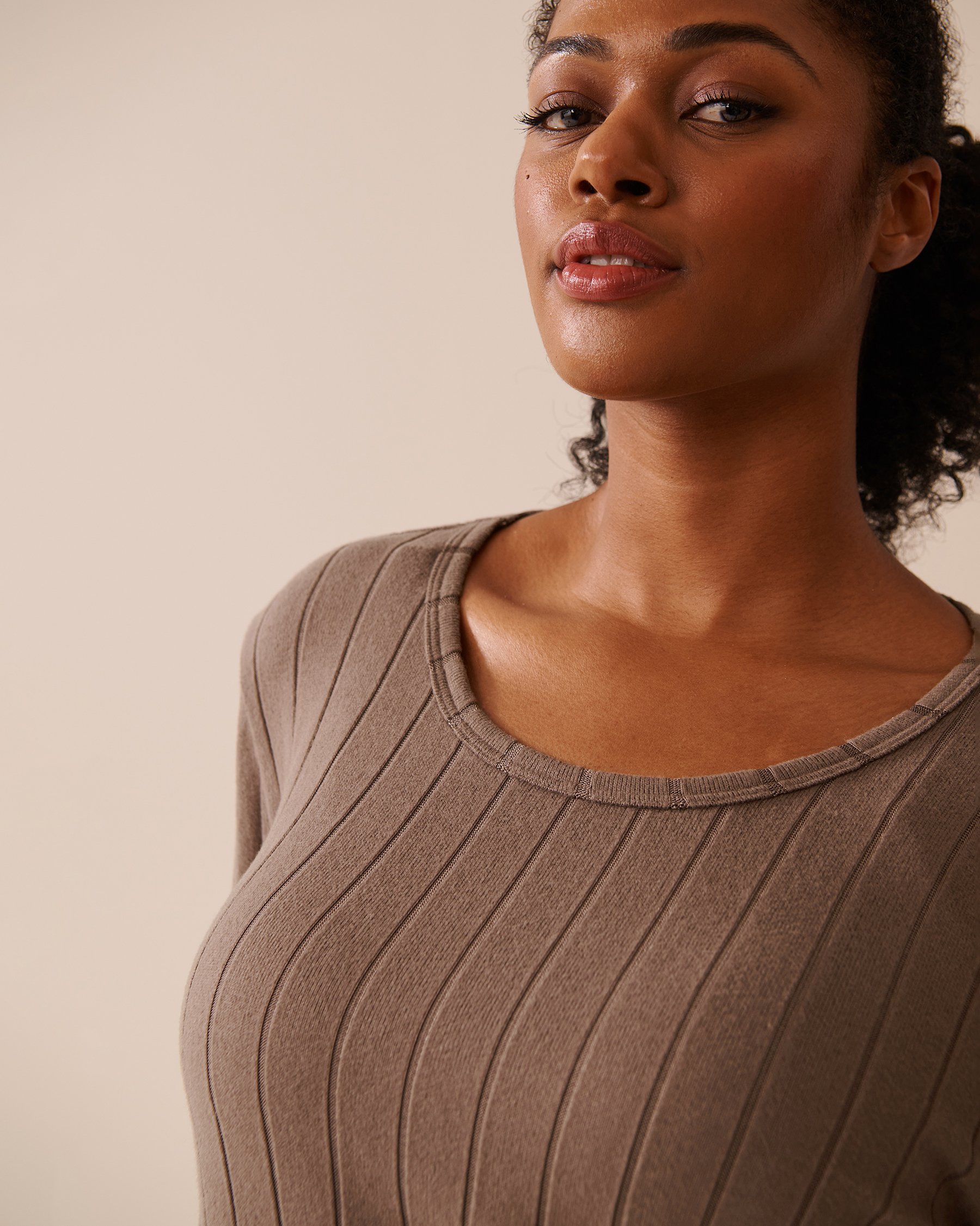 LA VIE EN ROSE Ribbed Long Sleeve Shirt Taupe 50100112 - View6
