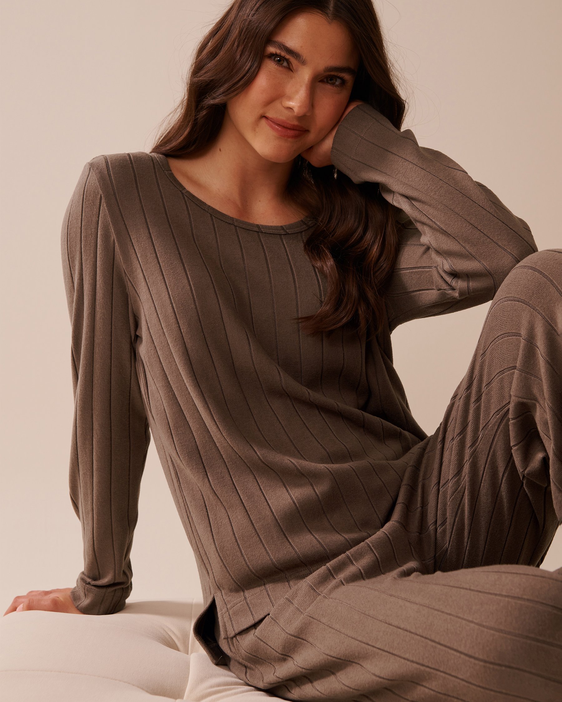 LA VIE EN ROSE Ribbed Long Sleeve Shirt Taupe 50100112 - View3