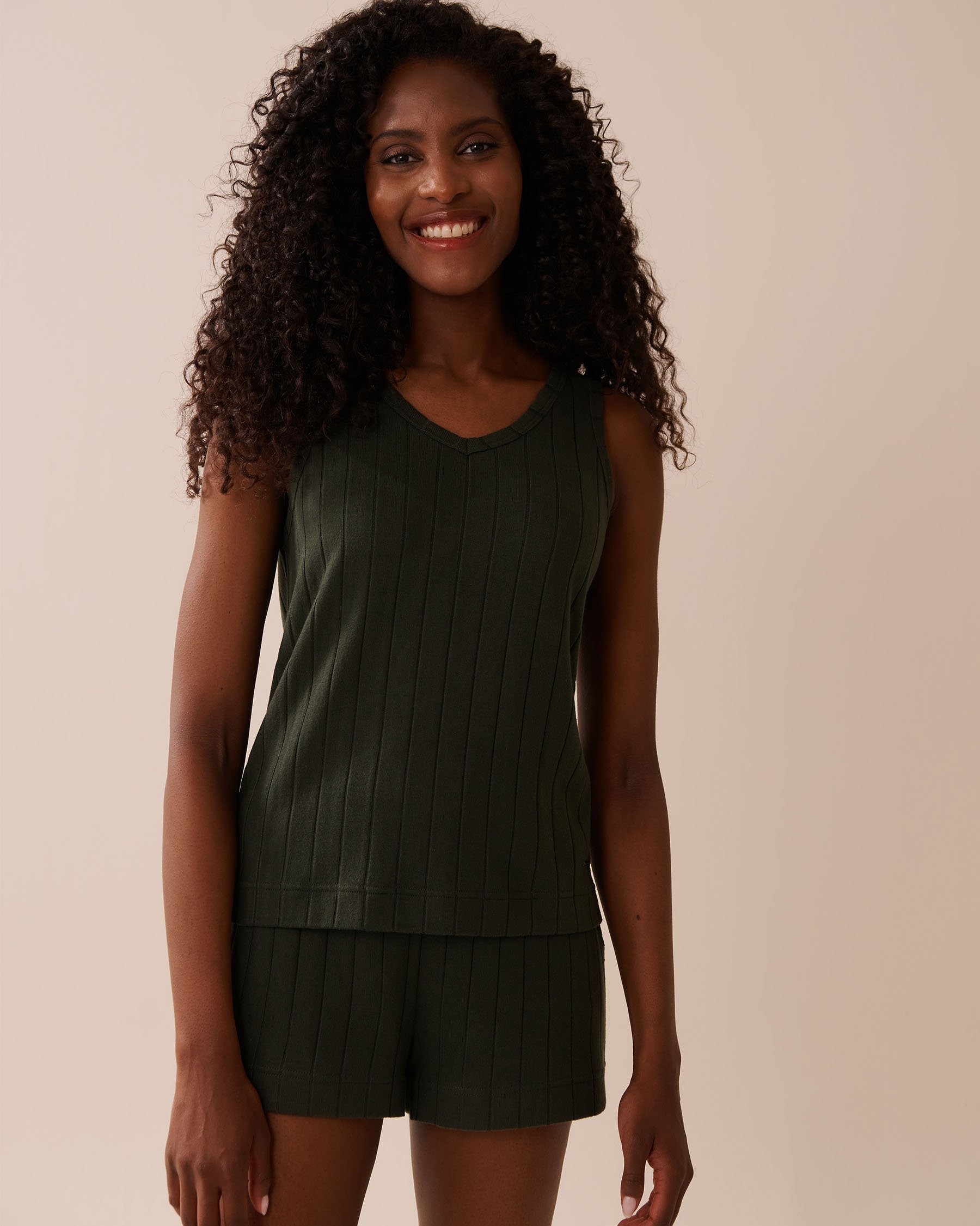 LA VIE EN ROSE Ribbed V-neck Cami Khaki 50100111 - View1