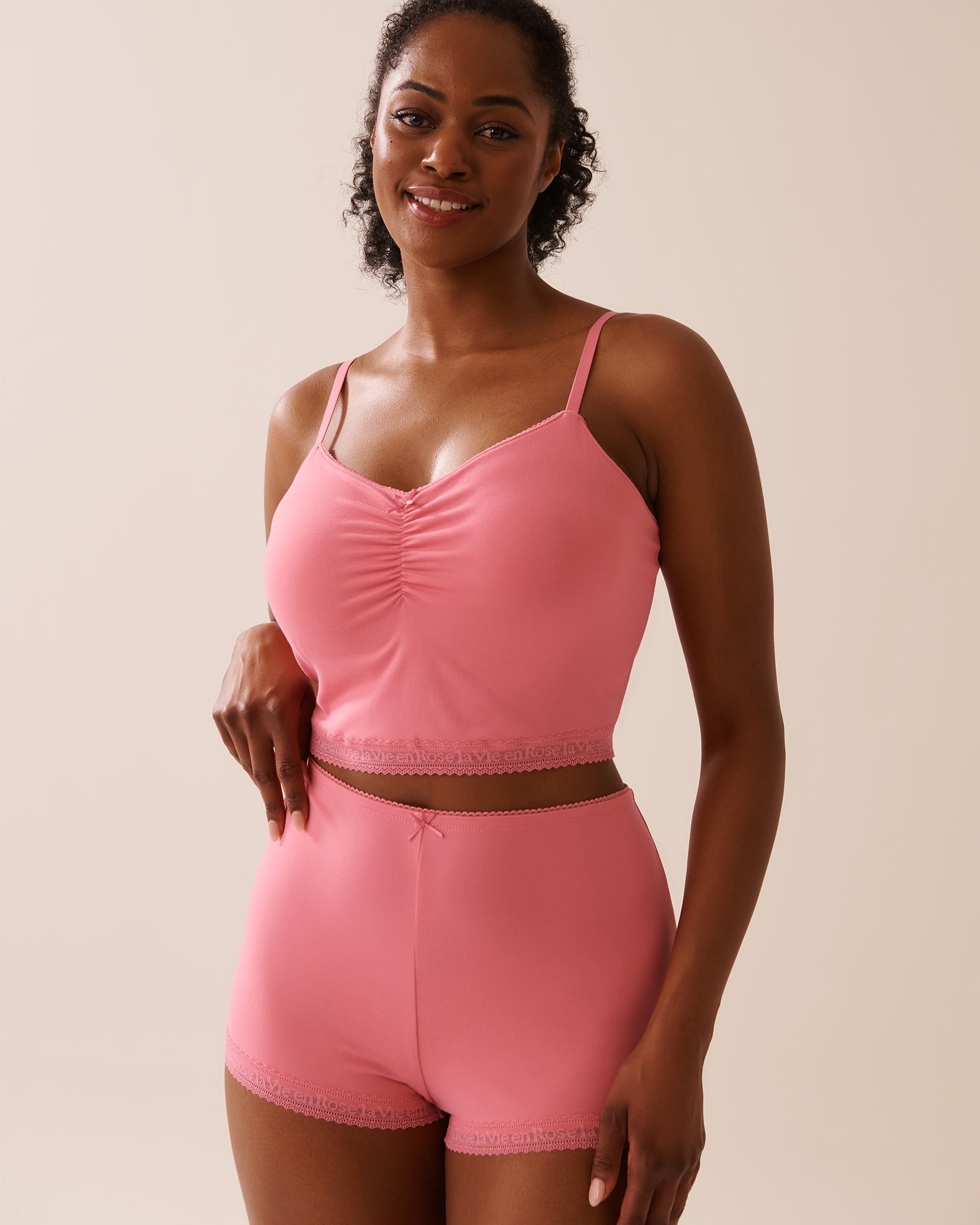 LA VIE EN ROSE Super Soft Lace Trim Crop Cami with Shelf Bra Watermelon Pink 40100754 - View5