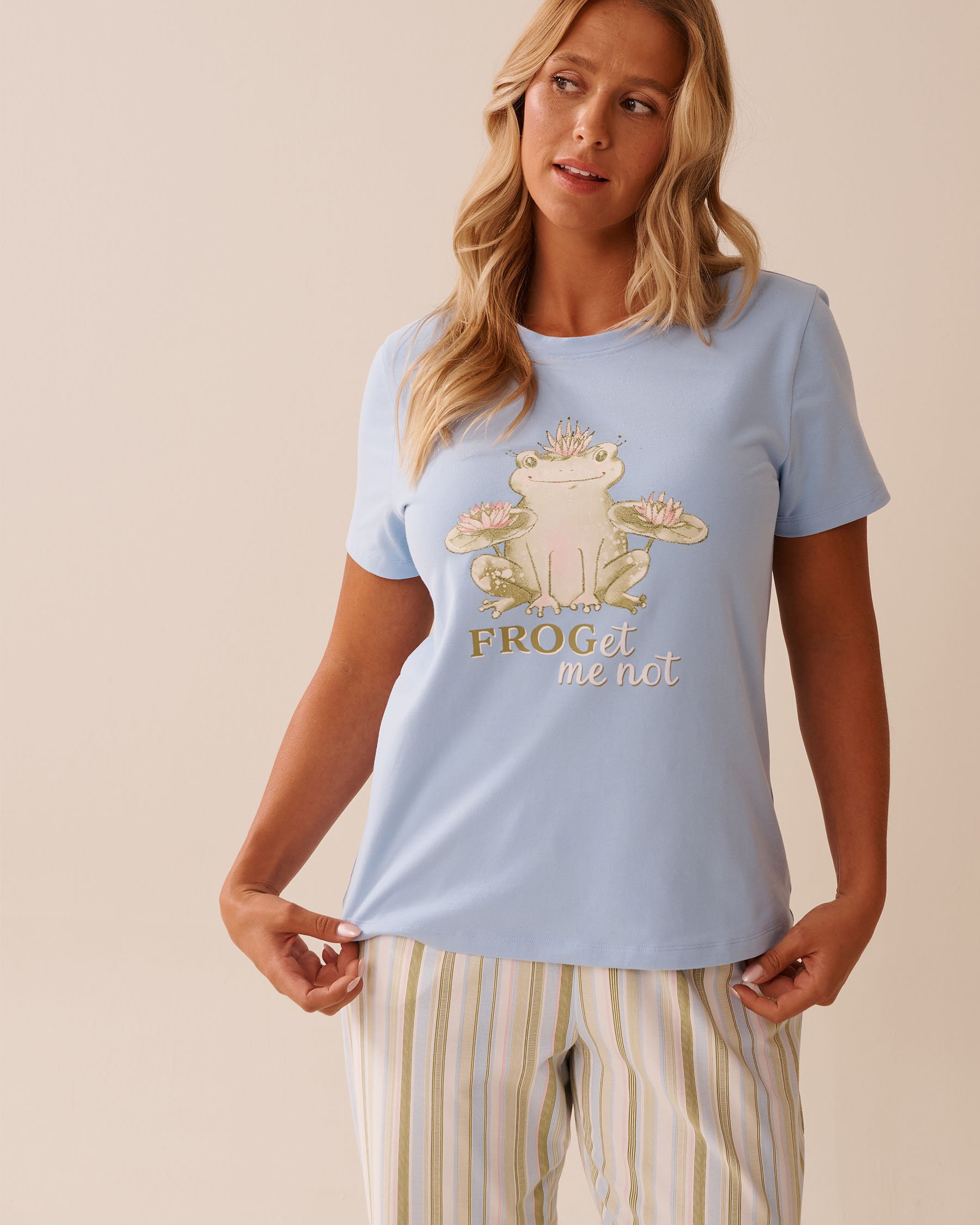 LA VIE EN ROSE T-shirt en coton imprimé grenouille Bleu pastel 40100756 - View1