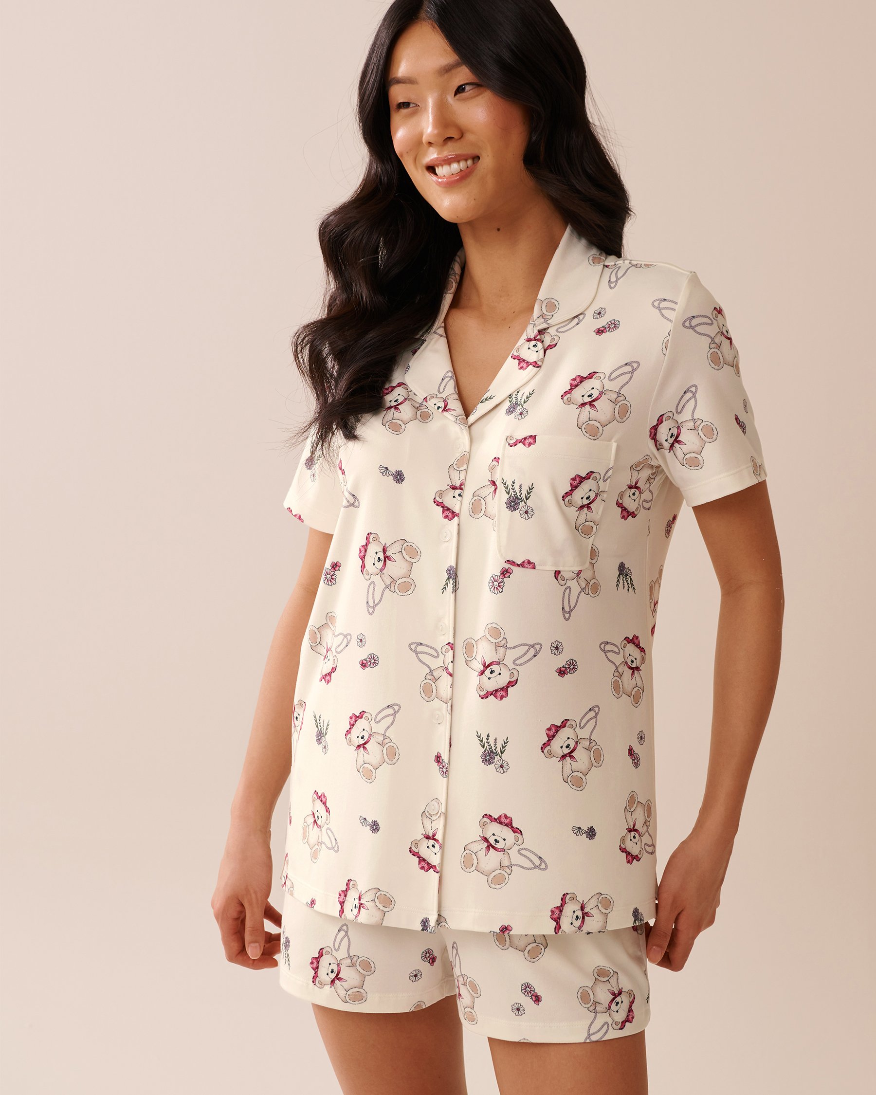 LA VIE EN ROSE Cowboy Teddy Bear Print Super Soft Button-down Shirt White/Cowboy Teddy Bears 40100761 - View1