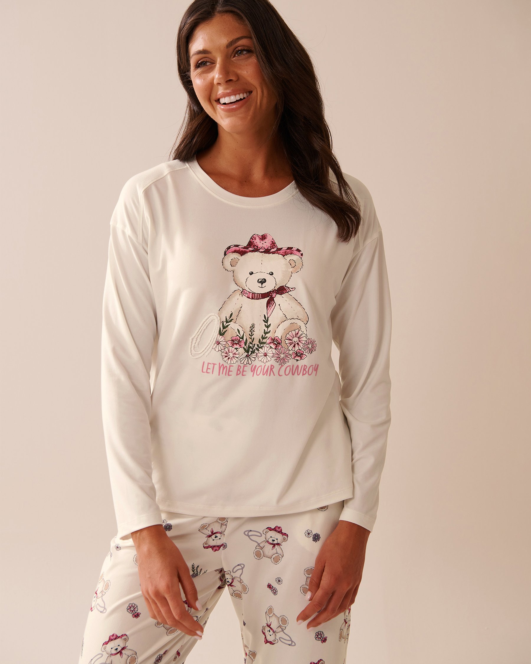 LA VIE EN ROSE Chandail manches longues ultra doux imprimé ourson cowboy Blanc 40100762 - View3