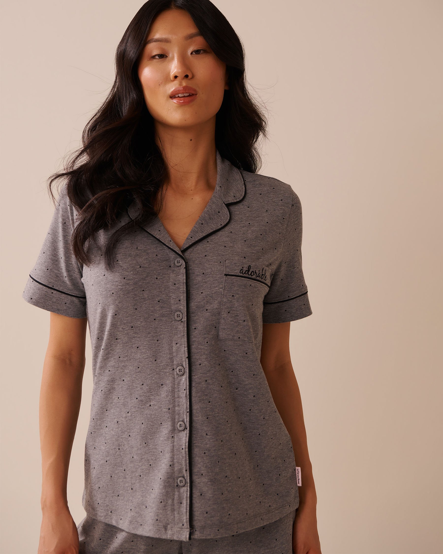 LA VIE EN ROSE Cotton Short Sleeve Button-down Shirt Grey/Black Polka Dot 40100765 - View1