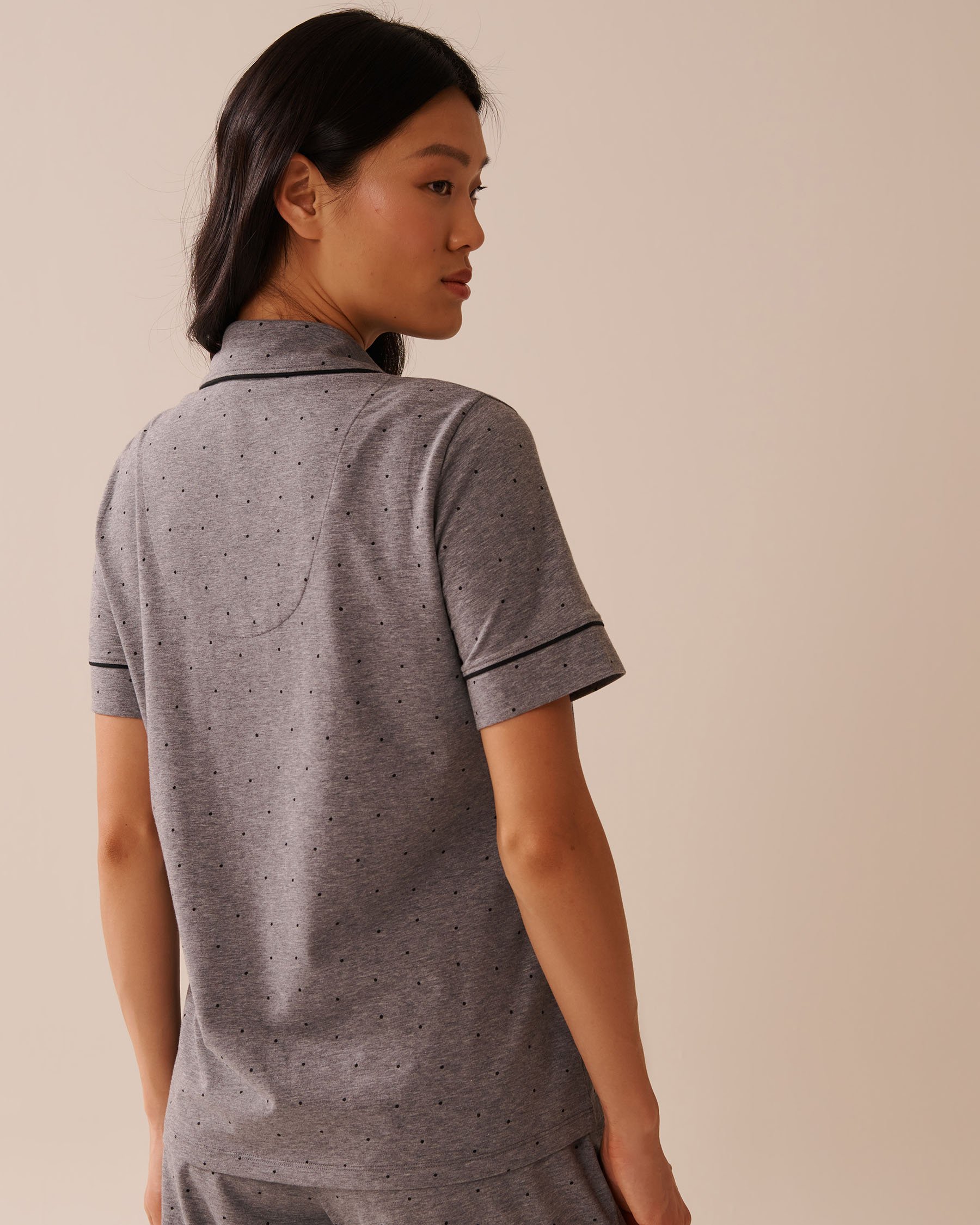 LA VIE EN ROSE Cotton Short Sleeve Button-down Shirt Grey/Black Polka Dot 40100765 - View2