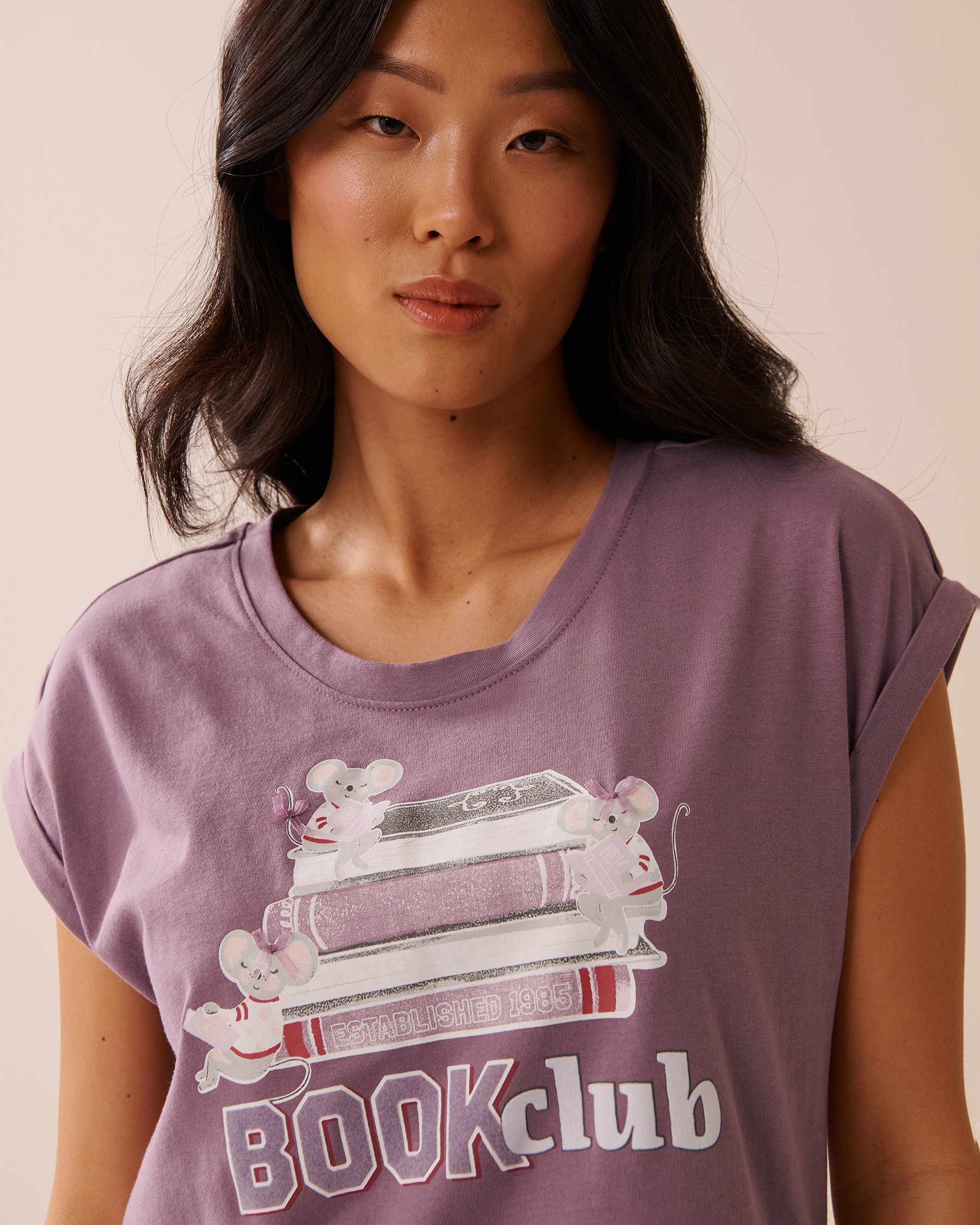 LA VIE EN ROSE T-shirt col rond en coton imprimé souris Mauve 40100767 - View5