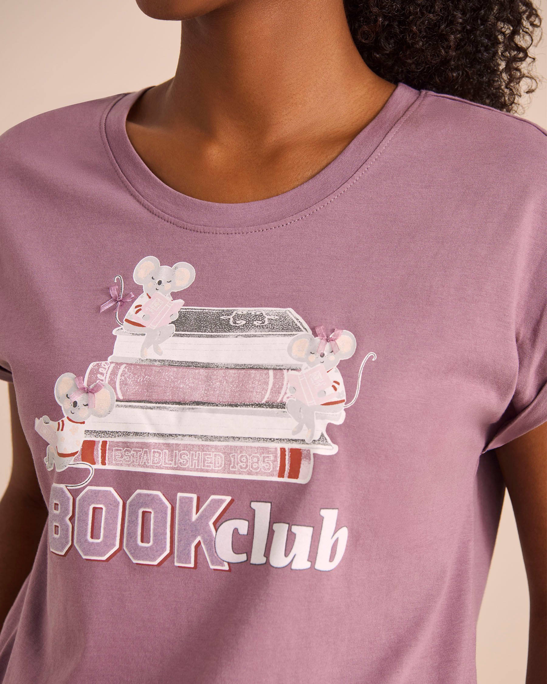 LA VIE EN ROSE T-shirt col rond en coton imprimé souris Mauve 40100767 - View2