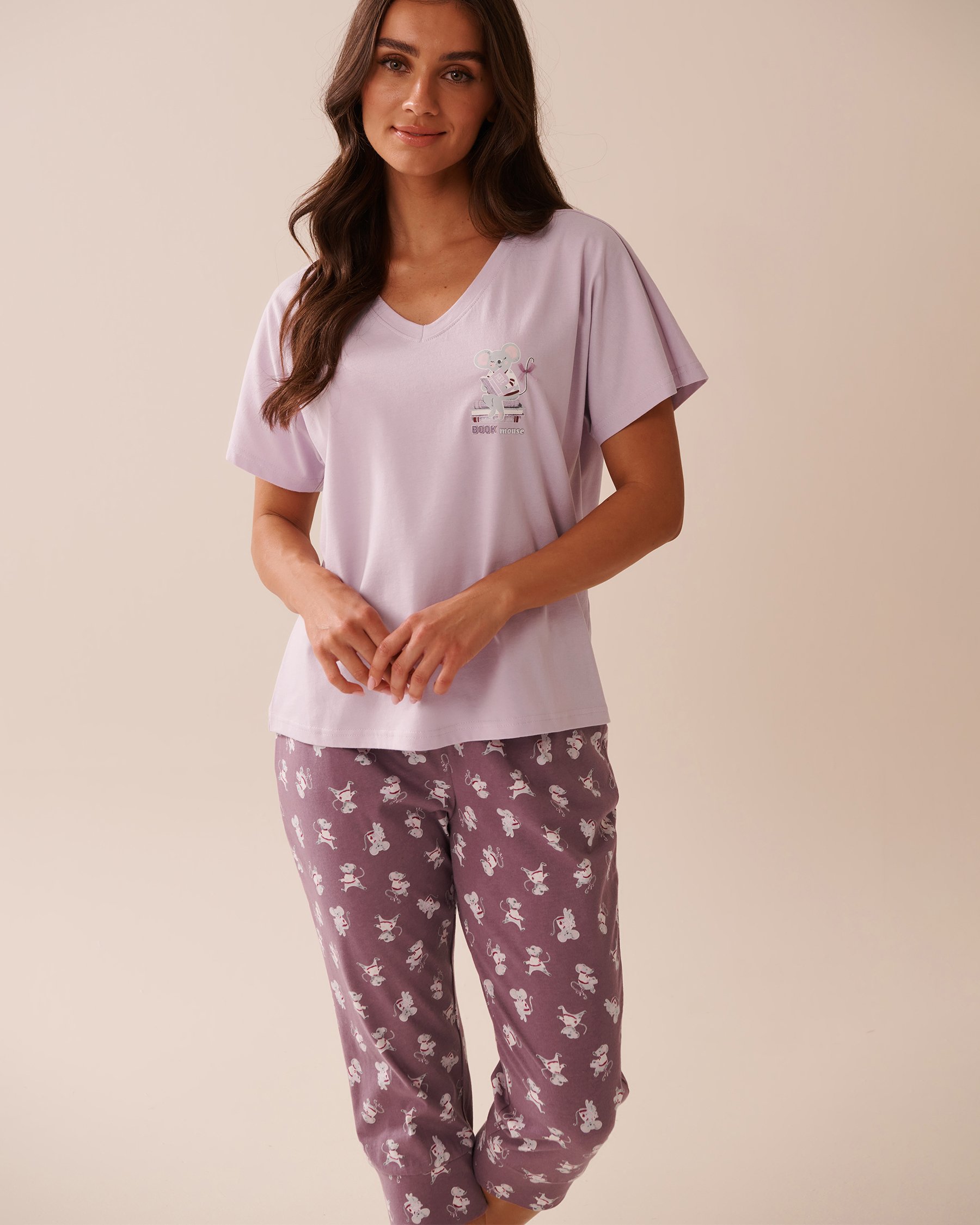 LA VIE EN ROSE T-shirt col en V en coton imprimé souris Lavande givrée 40100768 - View1