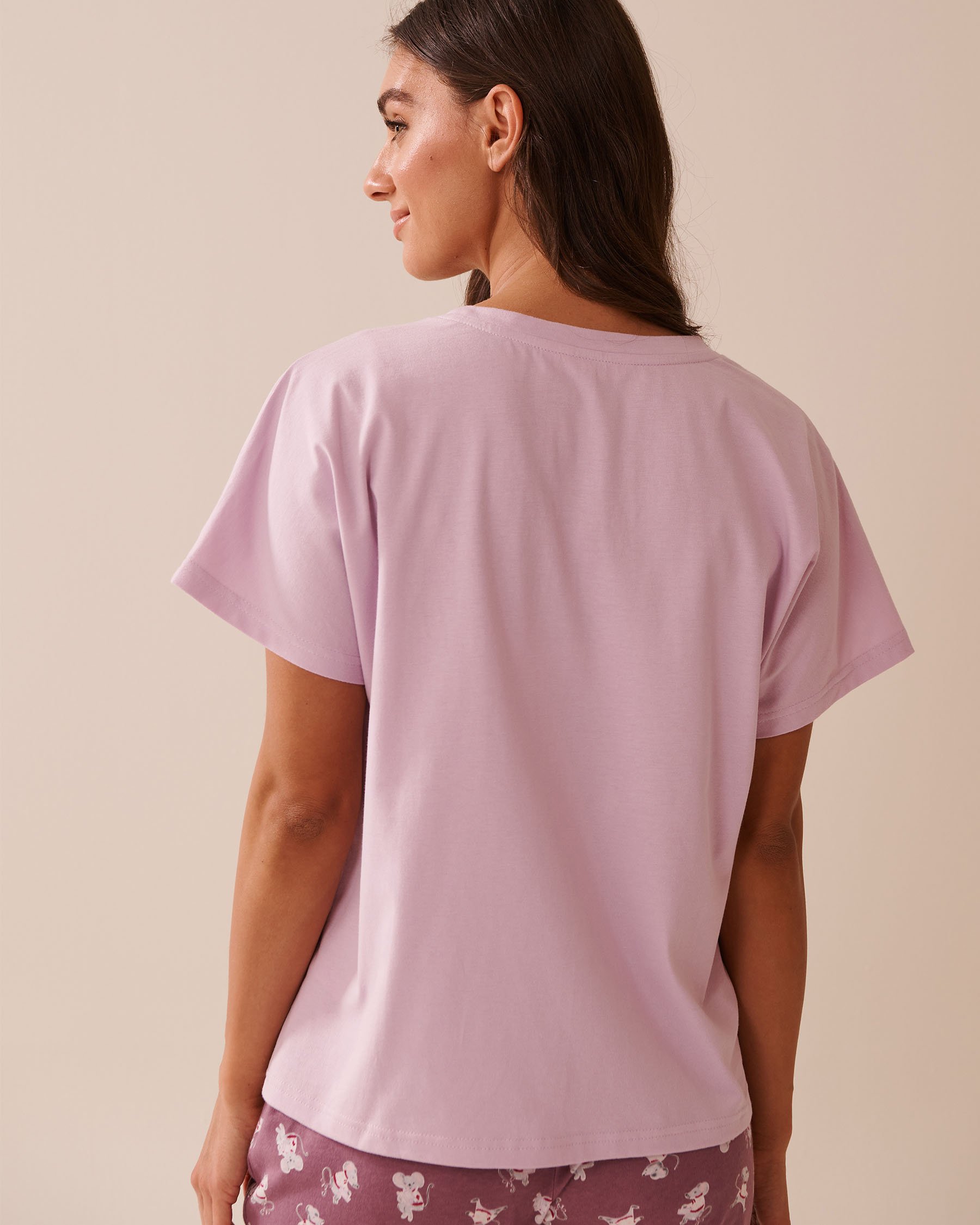 LA VIE EN ROSE T-shirt col en V en coton imprimé souris Lavande givrée 40100768 - View2