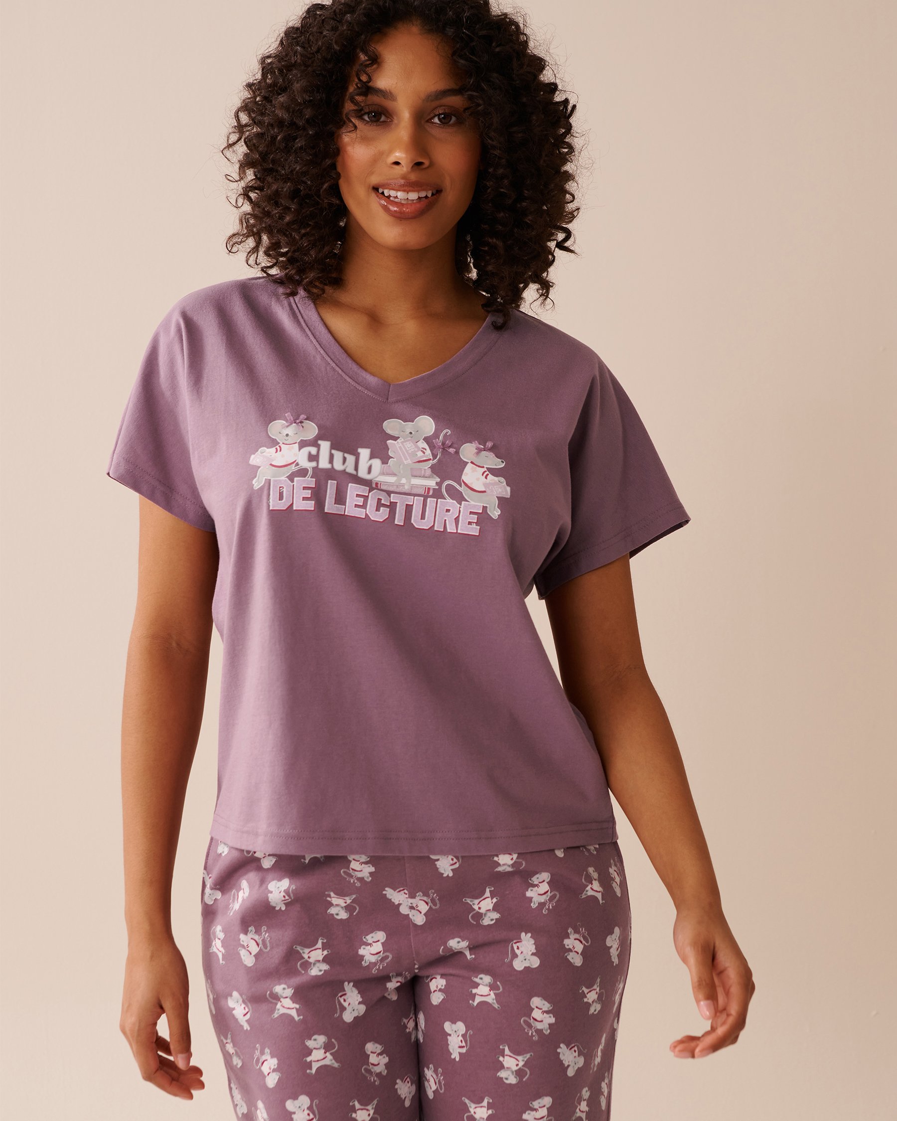 LA VIE EN ROSE T-shirt col en V en coton imprimé souris Mauve 40100768 - View1