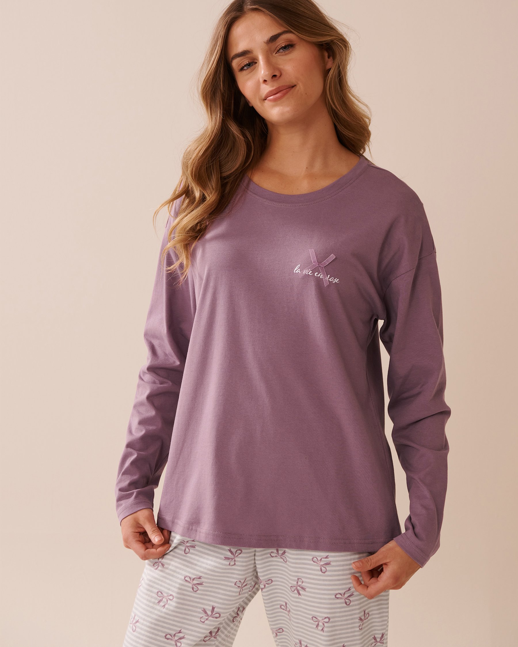 LA VIE EN ROSE Bow Print Cotton Long Sleeve Shirt Mauve 40100769 - View1