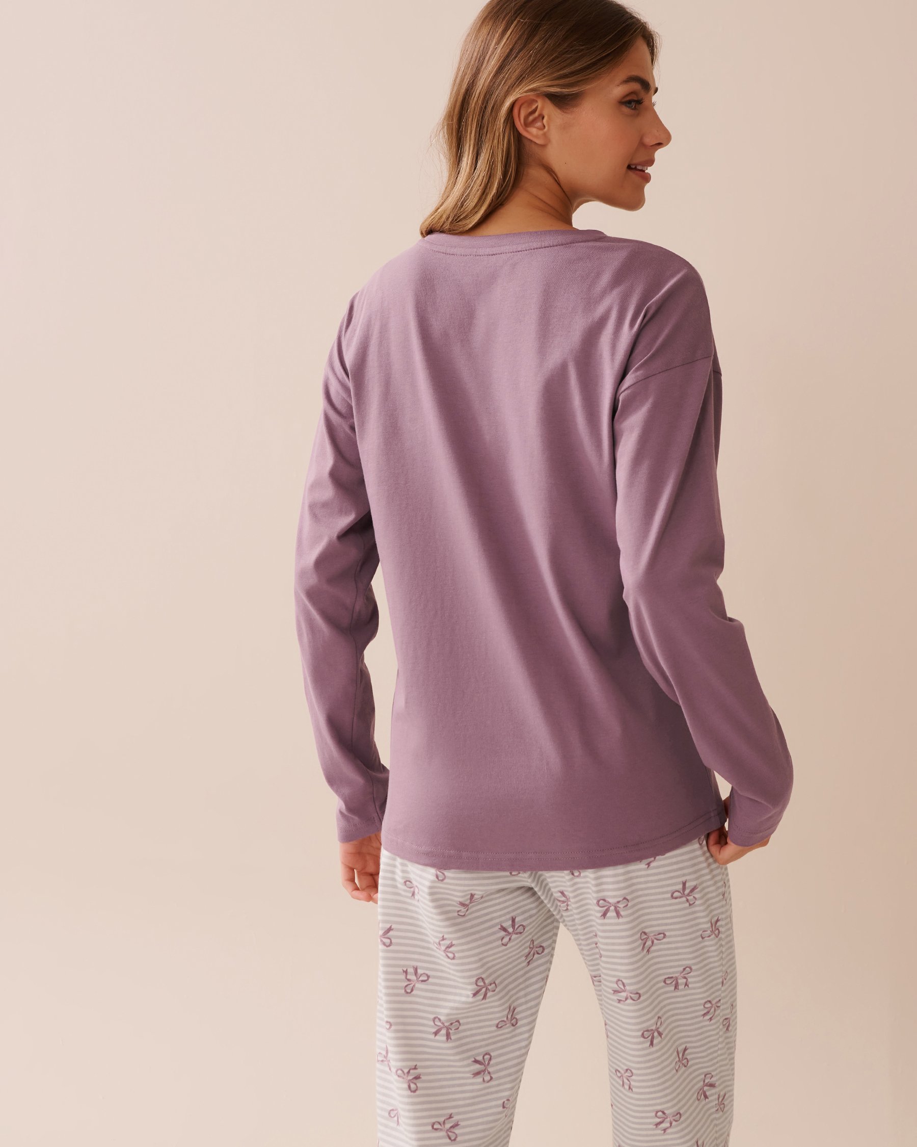 LA VIE EN ROSE Bow Print Cotton Long Sleeve Shirt Mauve 40100769 - View2