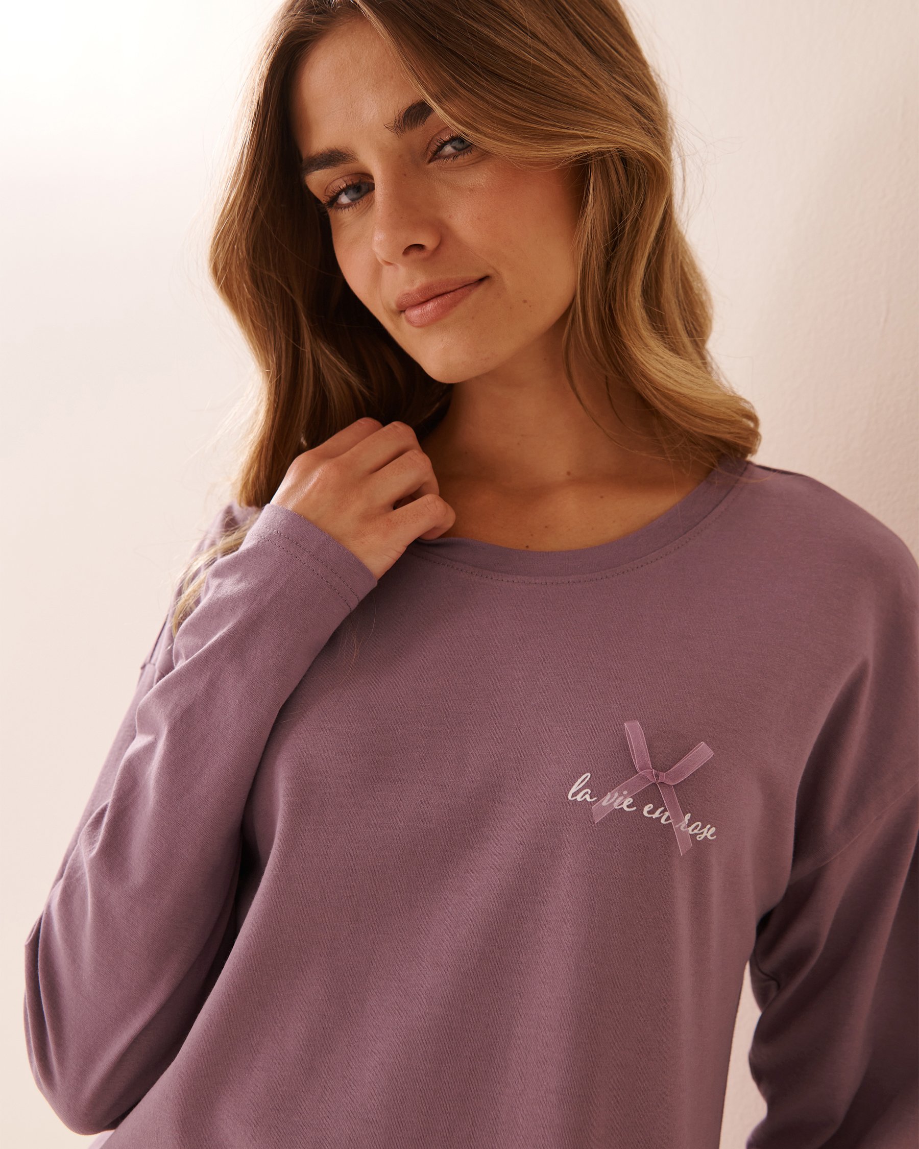 LA VIE EN ROSE Bow Print Cotton Long Sleeve Shirt Mauve 40100769 - View3