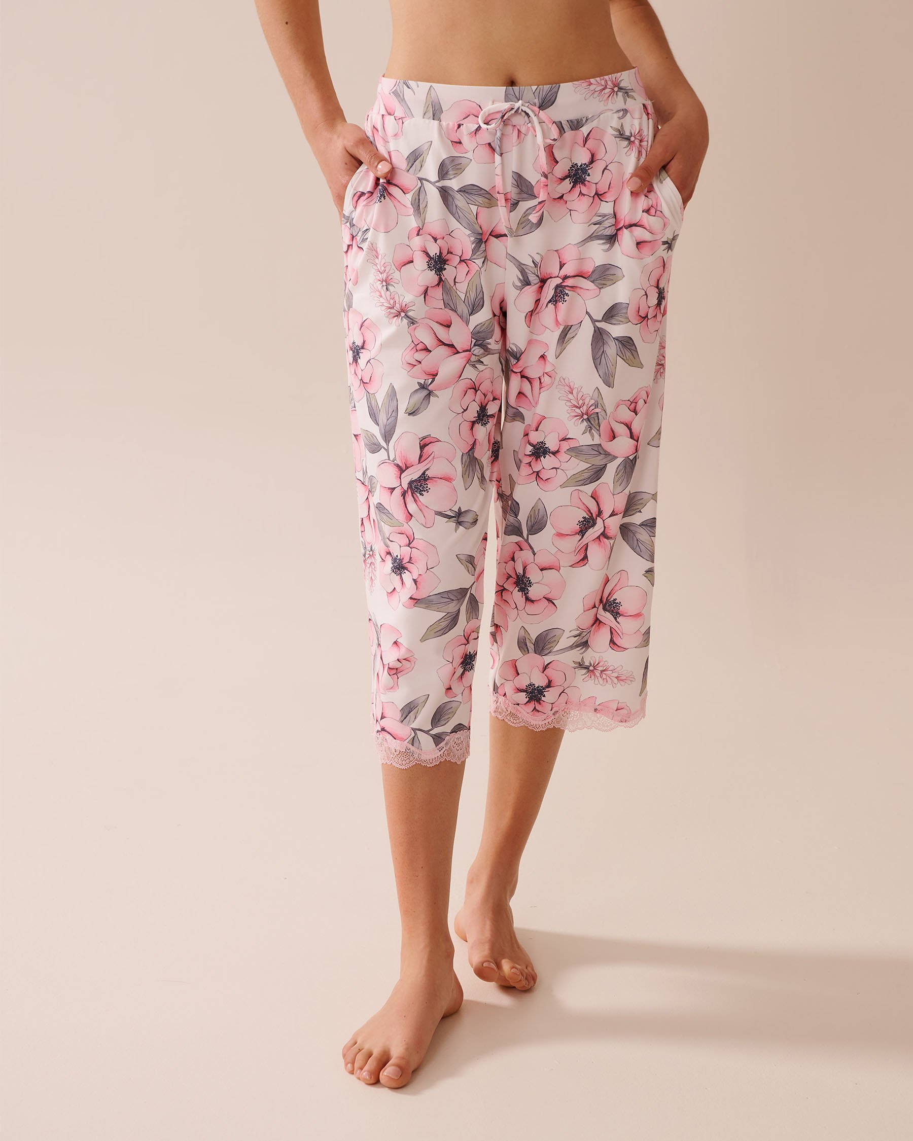 LA VIE EN ROSE Camellia Print Lace Trim Super Soft Pajama Capris Pink Camellias 40200736 - View1
