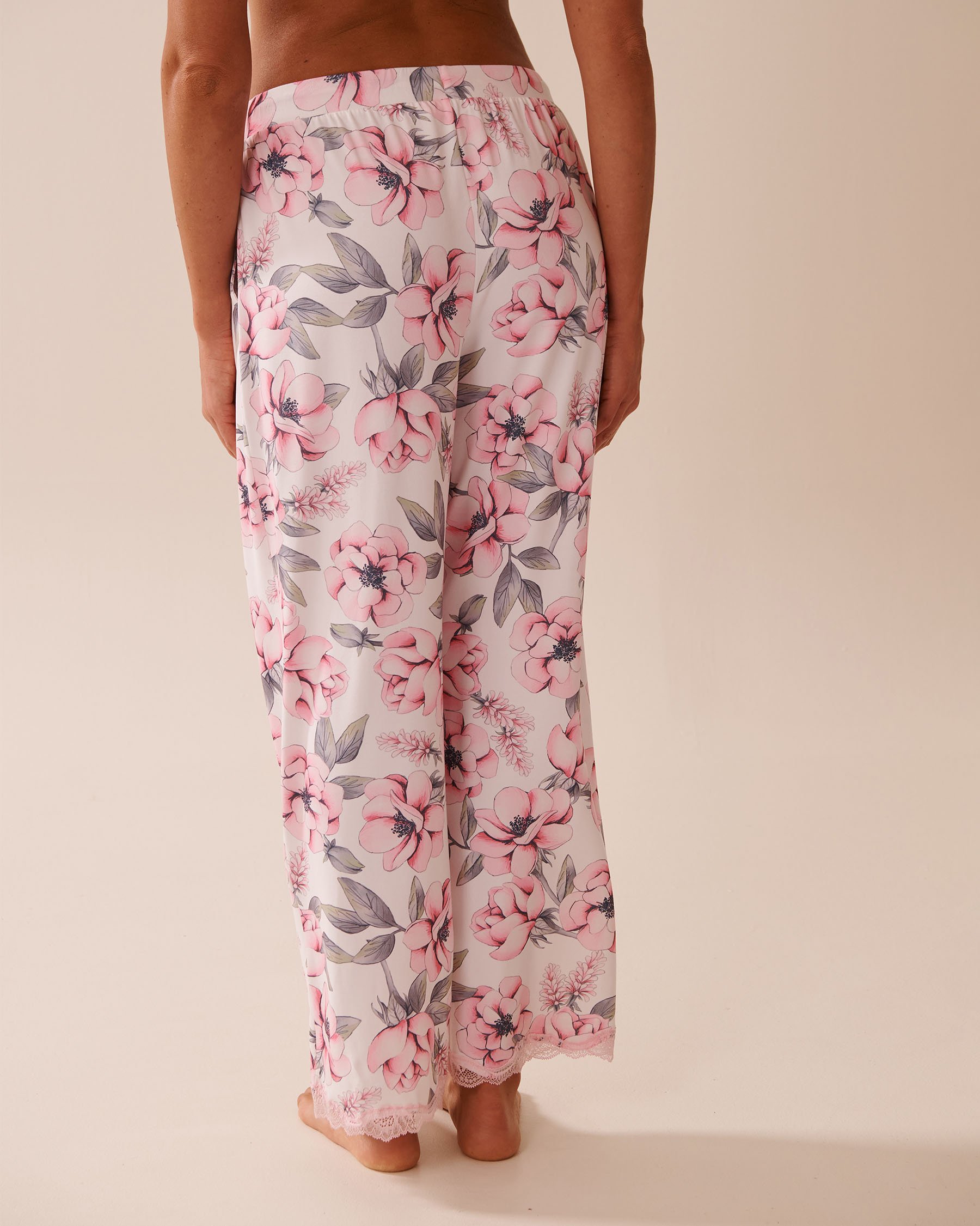LA VIE EN ROSE Camellia Print Lace Trim Super Soft Pajama Pants Pink Camellias 40200737 - View2