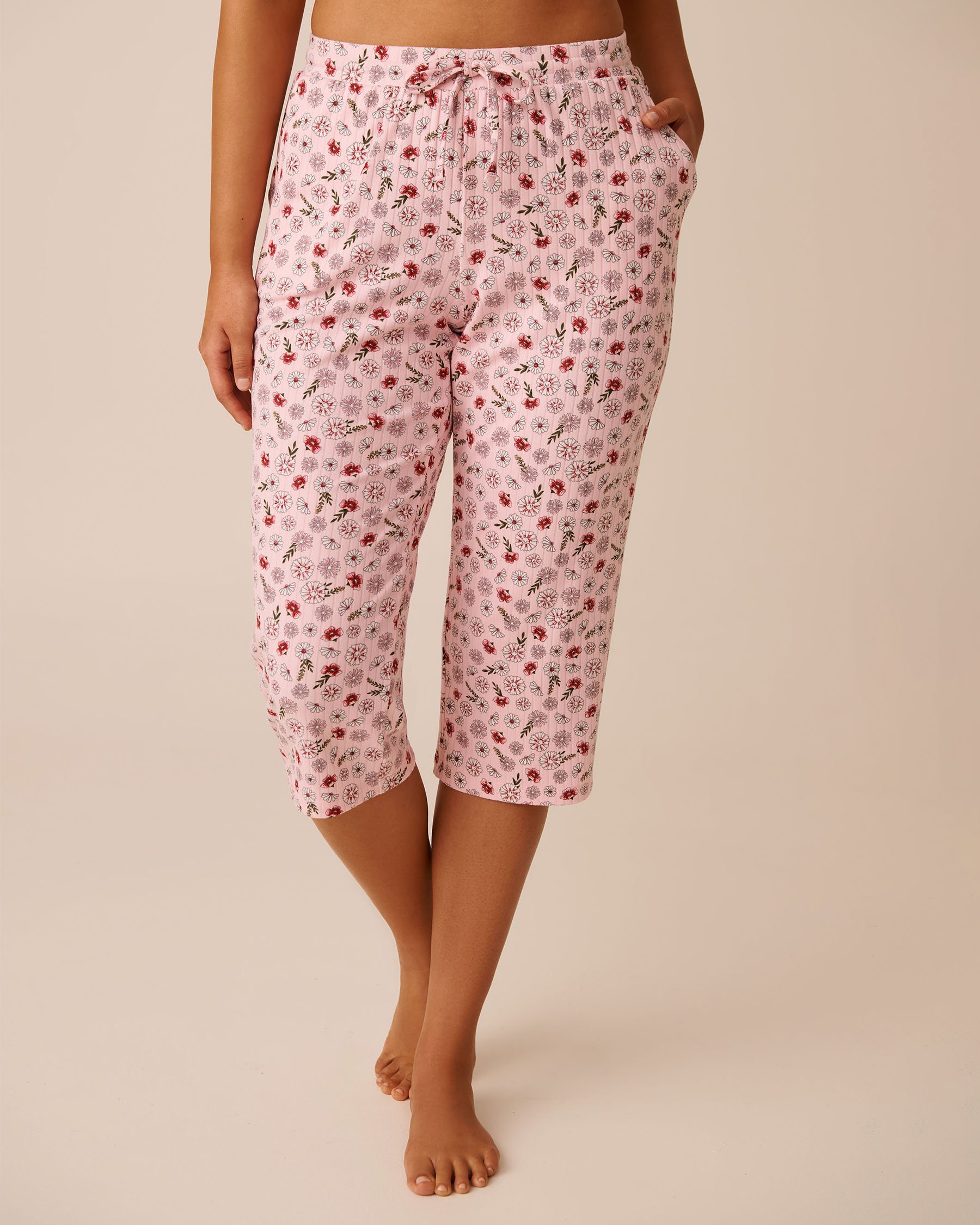 LA VIE EN ROSE Pink Floral Print Ribbed Jersey Pajama Capris Pink Meadow 40200745 - View1