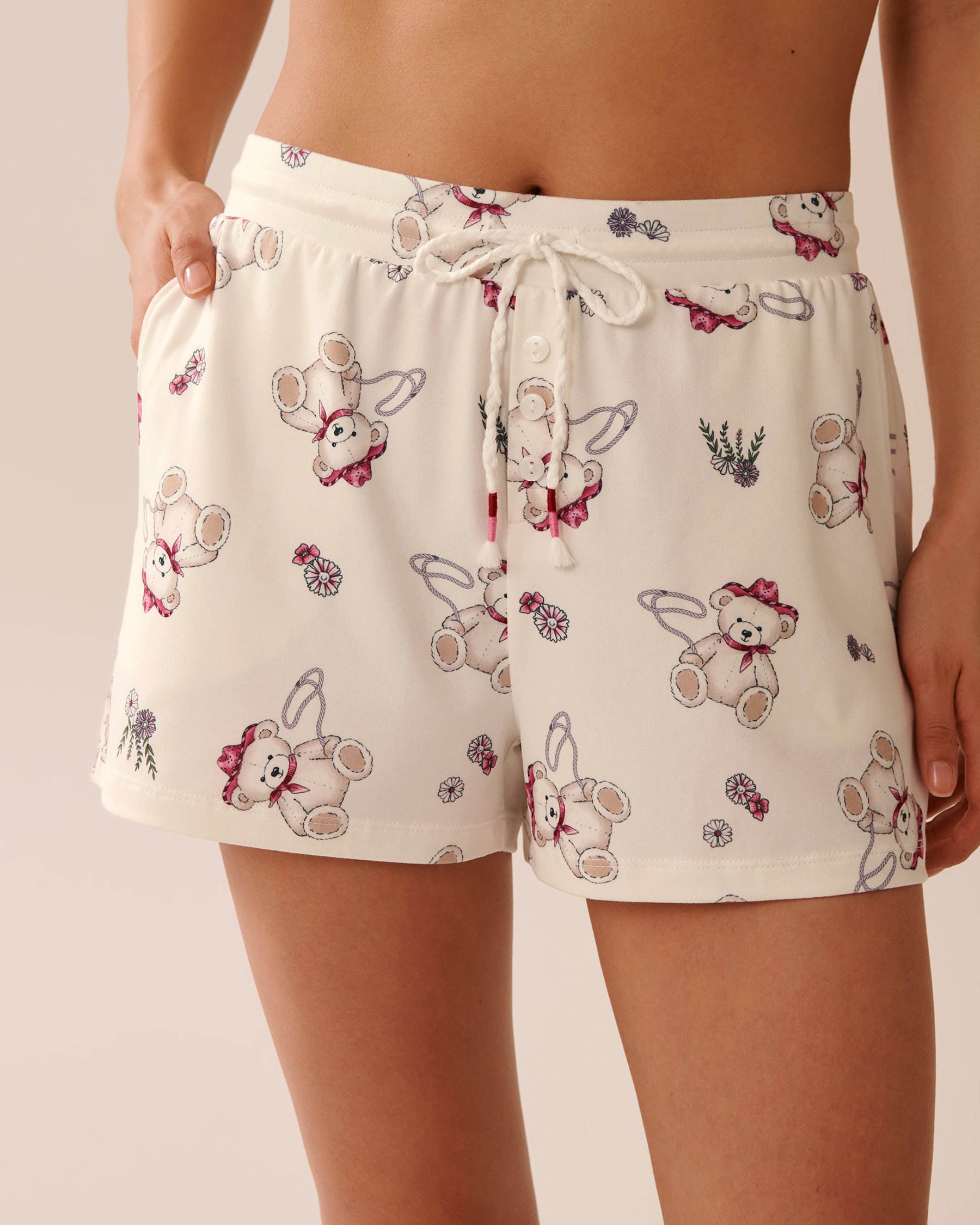 LA VIE EN ROSE Cowboy Teddy Bear Print Super Soft Pajama Shorts White/Cowboy Teddy Bears 40200748 - View1