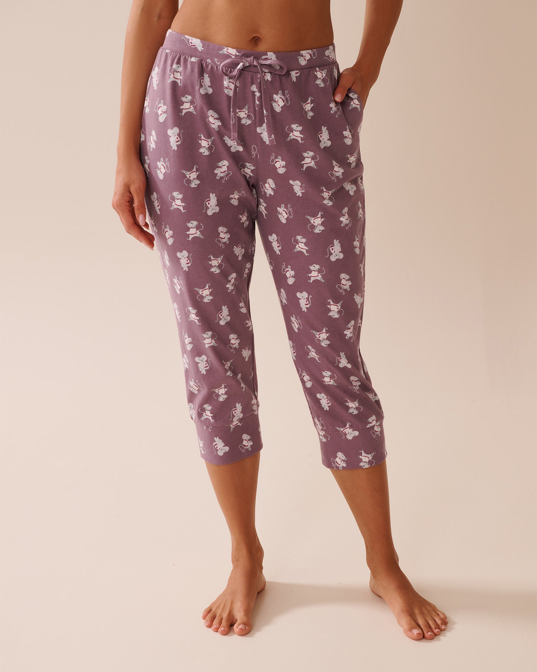 LA VIE EN ROSE Mouse Print Cotton Fitted Pajama Capris Mauve/Mouse 40200757 - View1