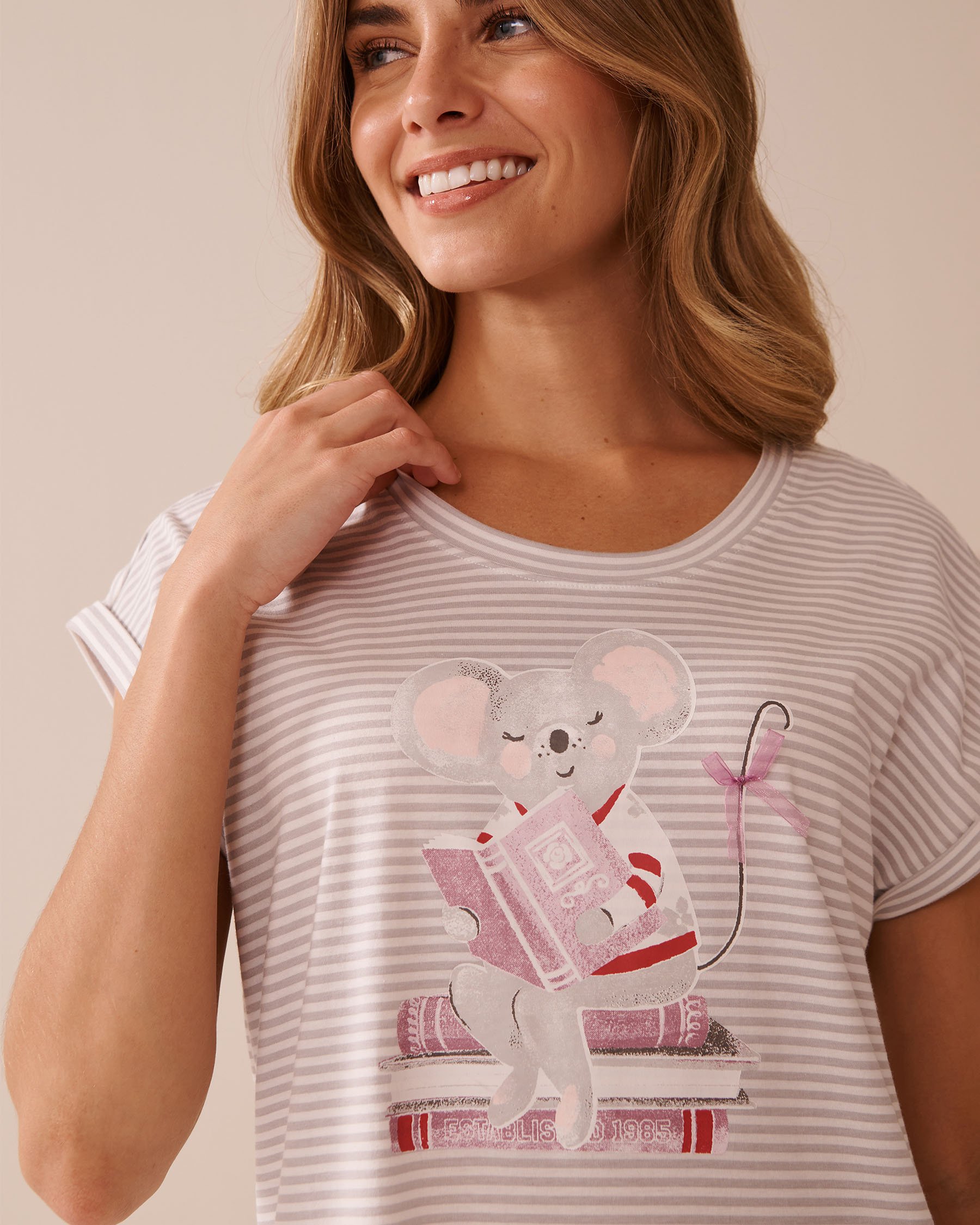 LA VIE EN ROSE Mouse Print Cotton Short Sleeve Sleepshirt Grey Stripes/Mouse 40500442 - View3