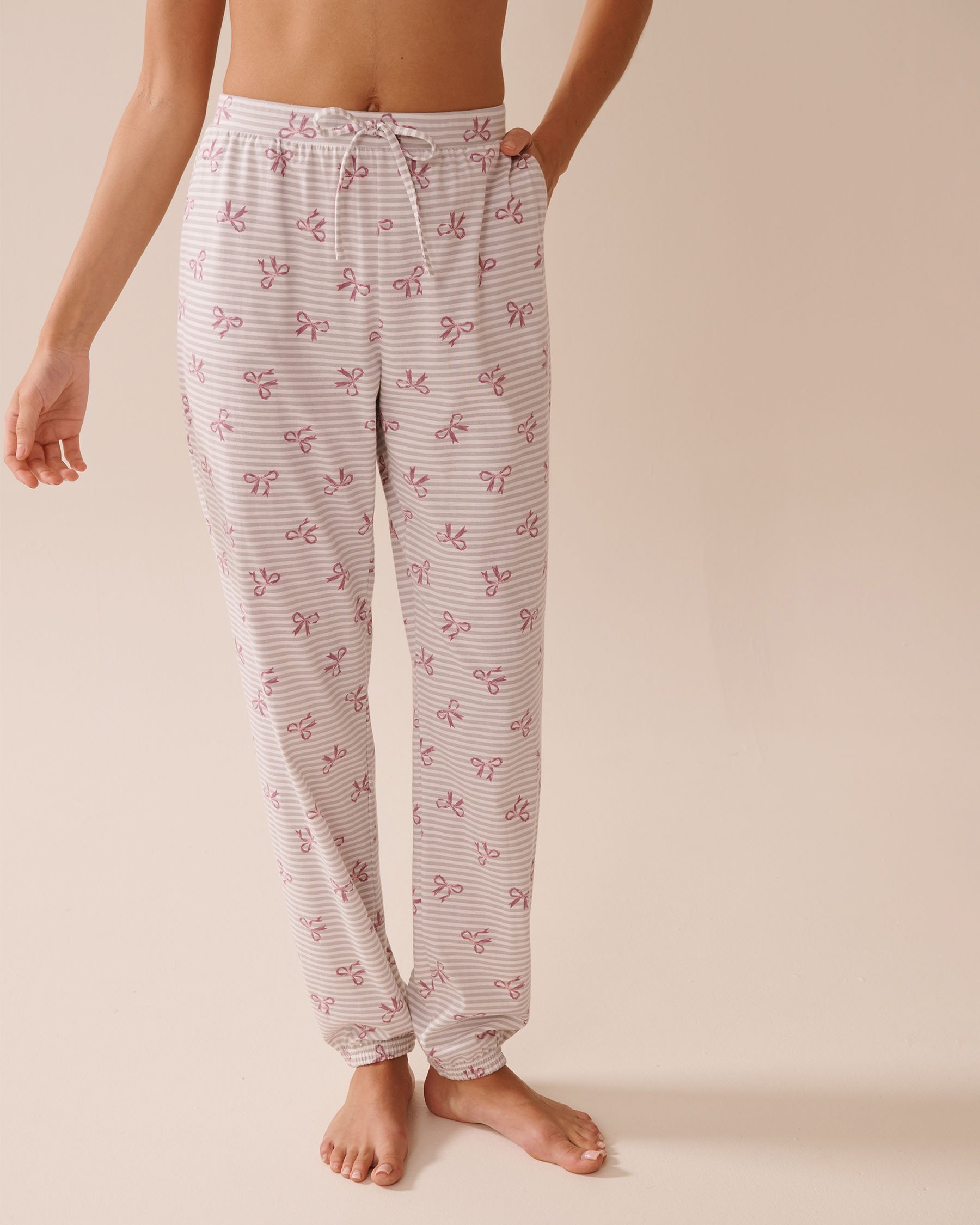 LA VIE EN ROSE Bow Print Cotton Jogger Pyjama Pants Grey Stripes/Bows 40200755 - View2