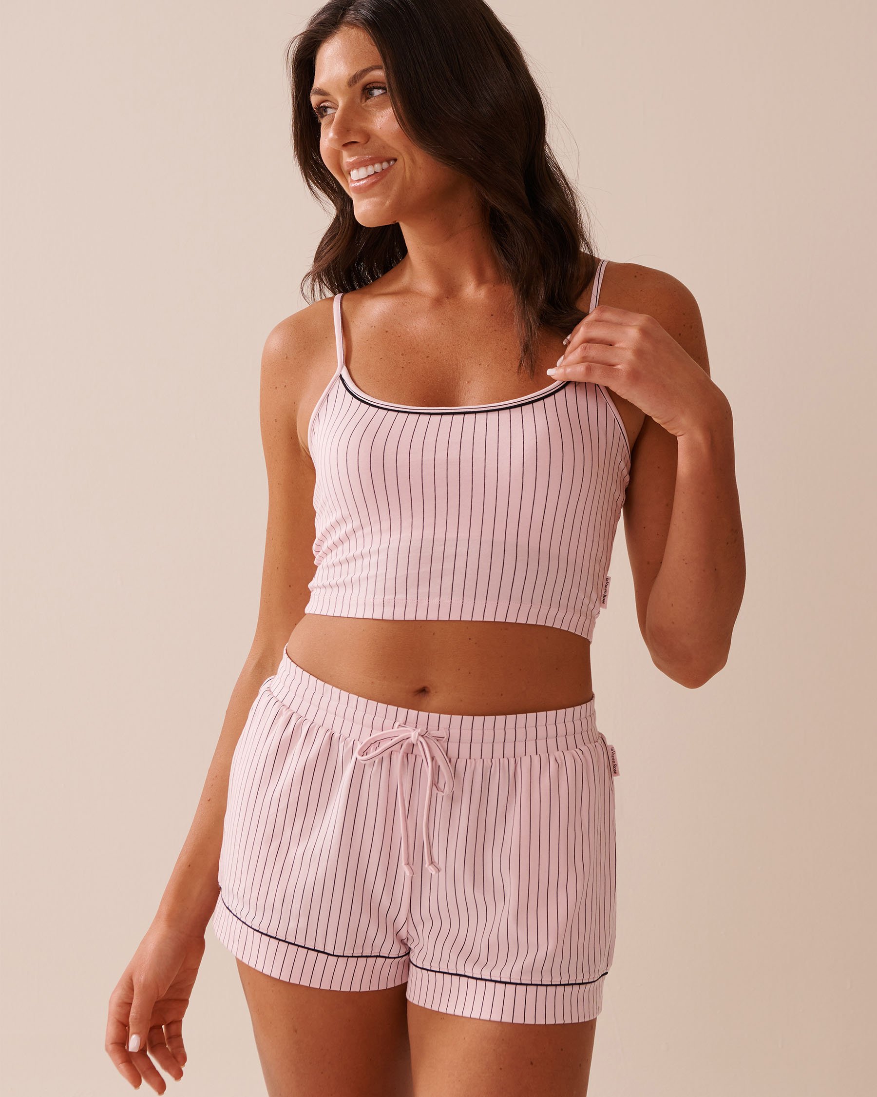 LA VIE EN ROSE Cotton Crop Cami with Shelf Bra Pink/Black Stripes 40100763 - View1