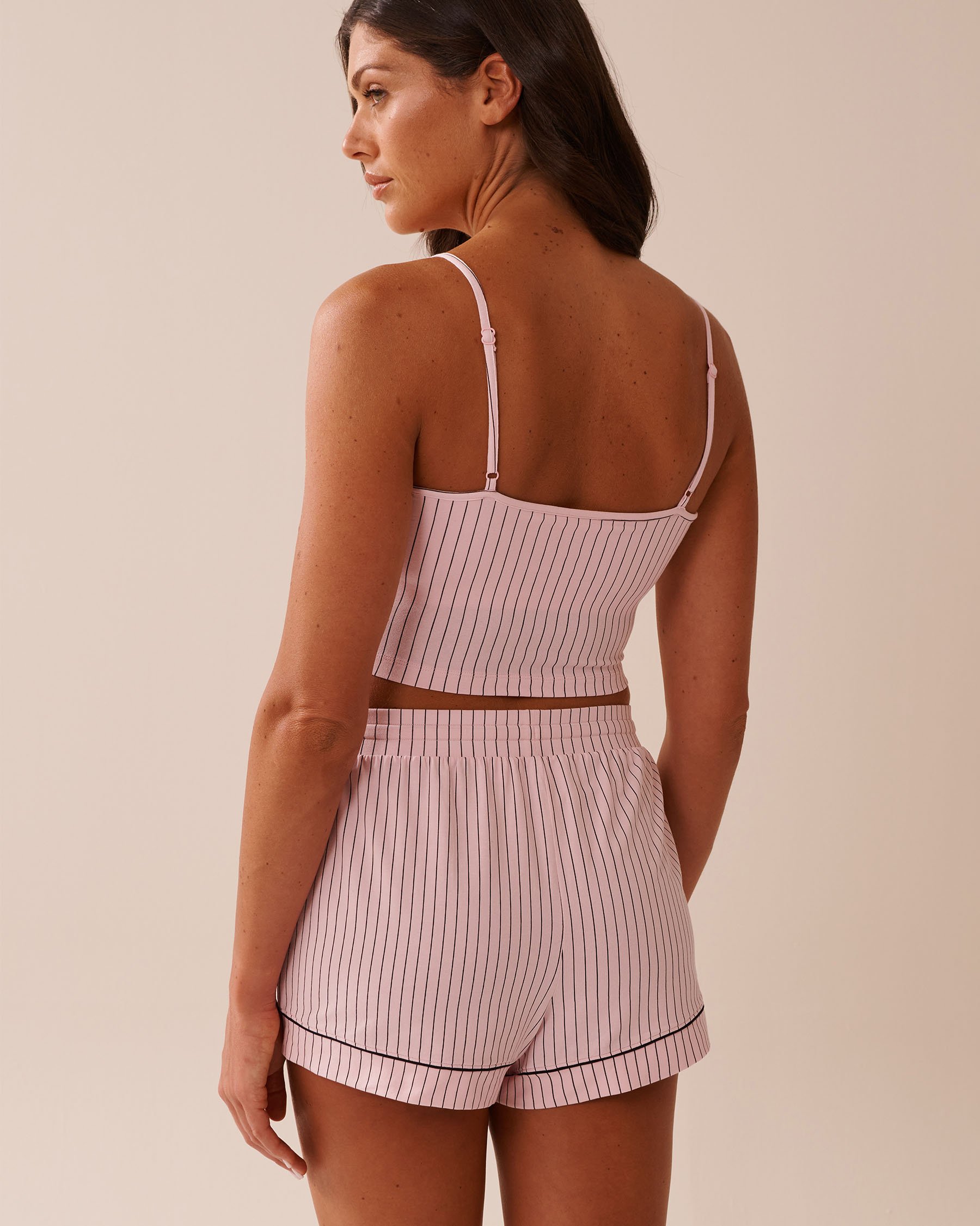 LA VIE EN ROSE Cotton Crop Cami with Shelf Bra Pink/Black Stripes 40100763 - View2