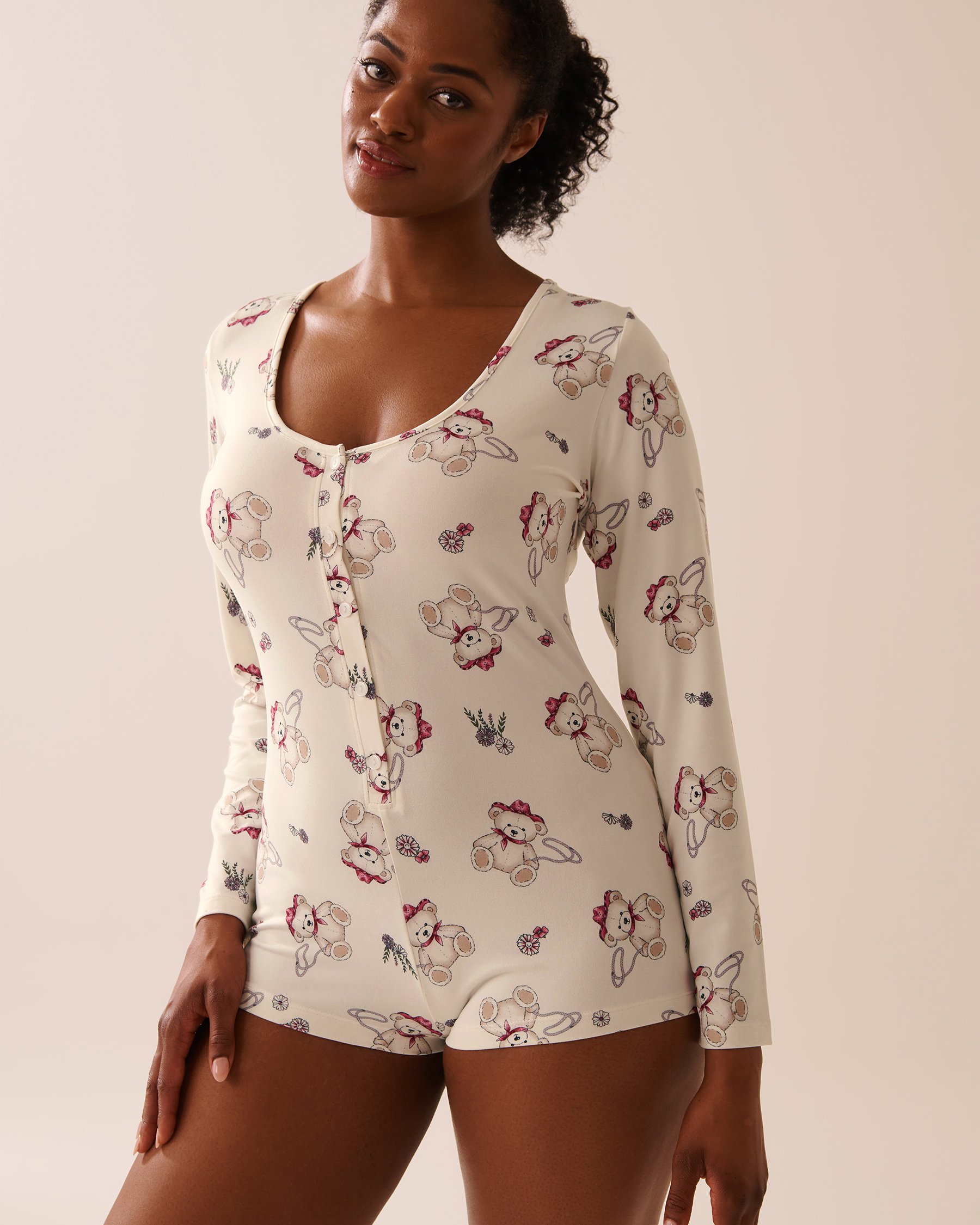LA VIE EN ROSE Combishort manches longues ultra doux imprimé ourson cowboy Blanc/Oursons cowboys 40300058 - View1