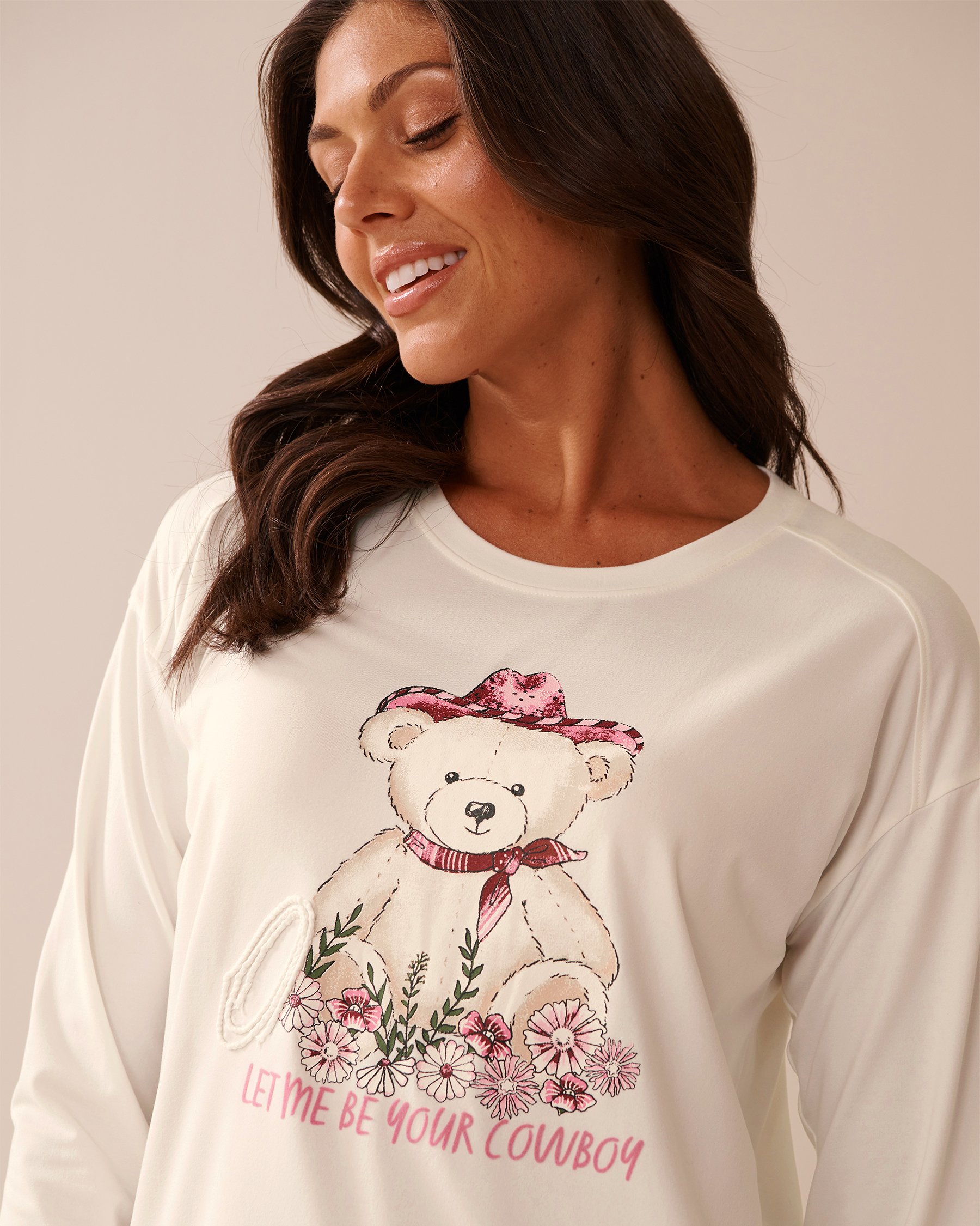 LA VIE EN ROSE Cowboy Teddy Bear Print Super Soft Long Sleeve Shirt White 40100762 - View6