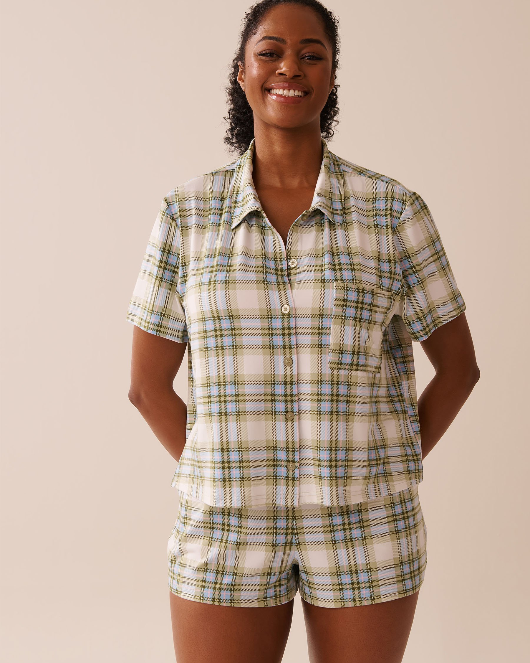 LA VIE EN ROSE Green & Blue Plaid Super Soft Button-down Shirt Green & Blue Plaid 40100753 - View3