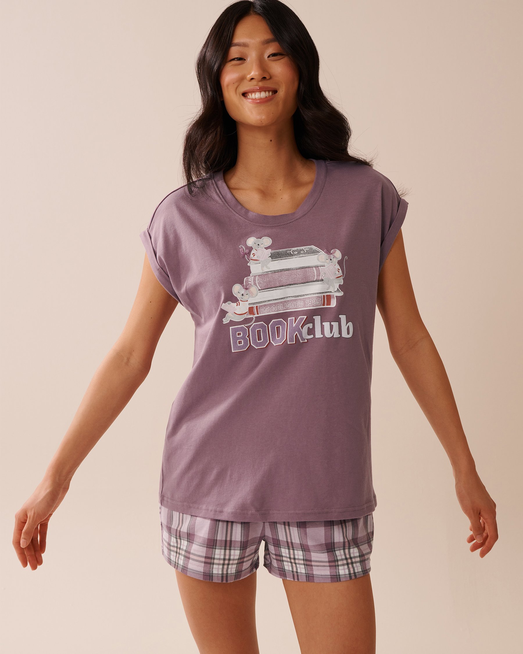 LA VIE EN ROSE T-shirt col rond en coton imprimé souris Mauve 40100767 - Voir3