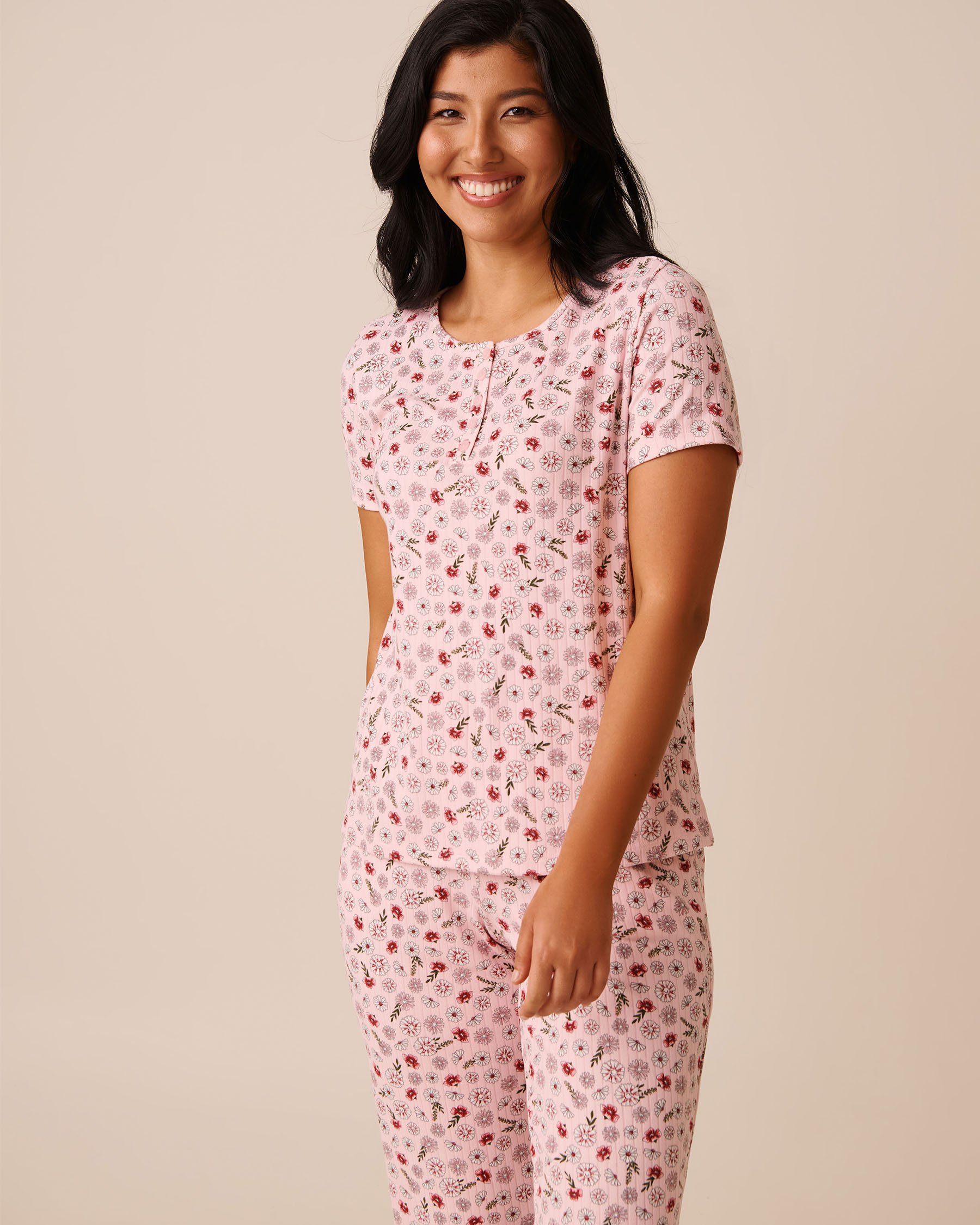 LA VIE EN ROSE Pink Floral Print Ribbed Jersey T-shirt Pink Meadow 40100760 - View1