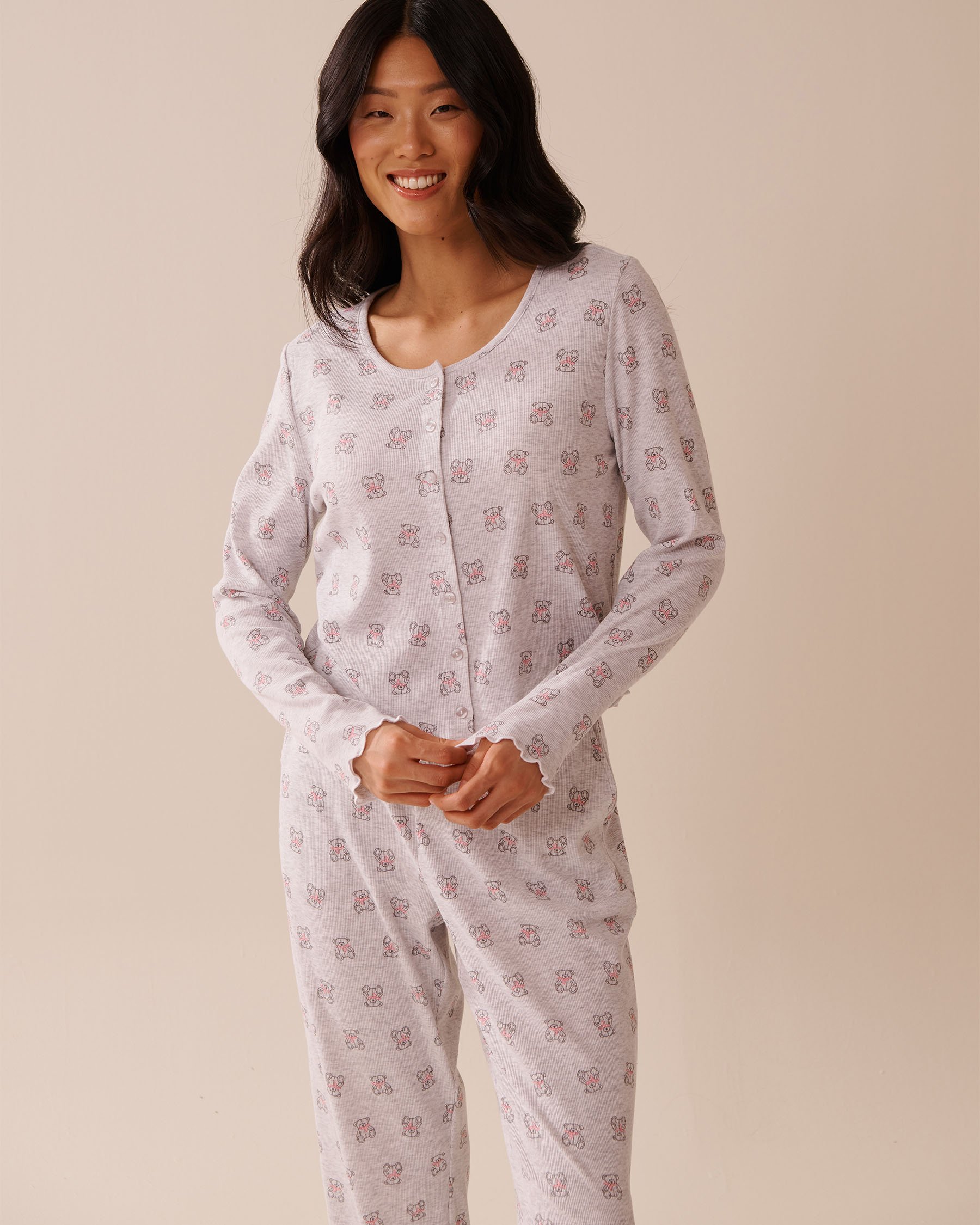 LA VIE EN ROSE Teddy Bear Print Ribbed Long Sleeve Shirt Grey/Teddy Bears 40100759 - View1