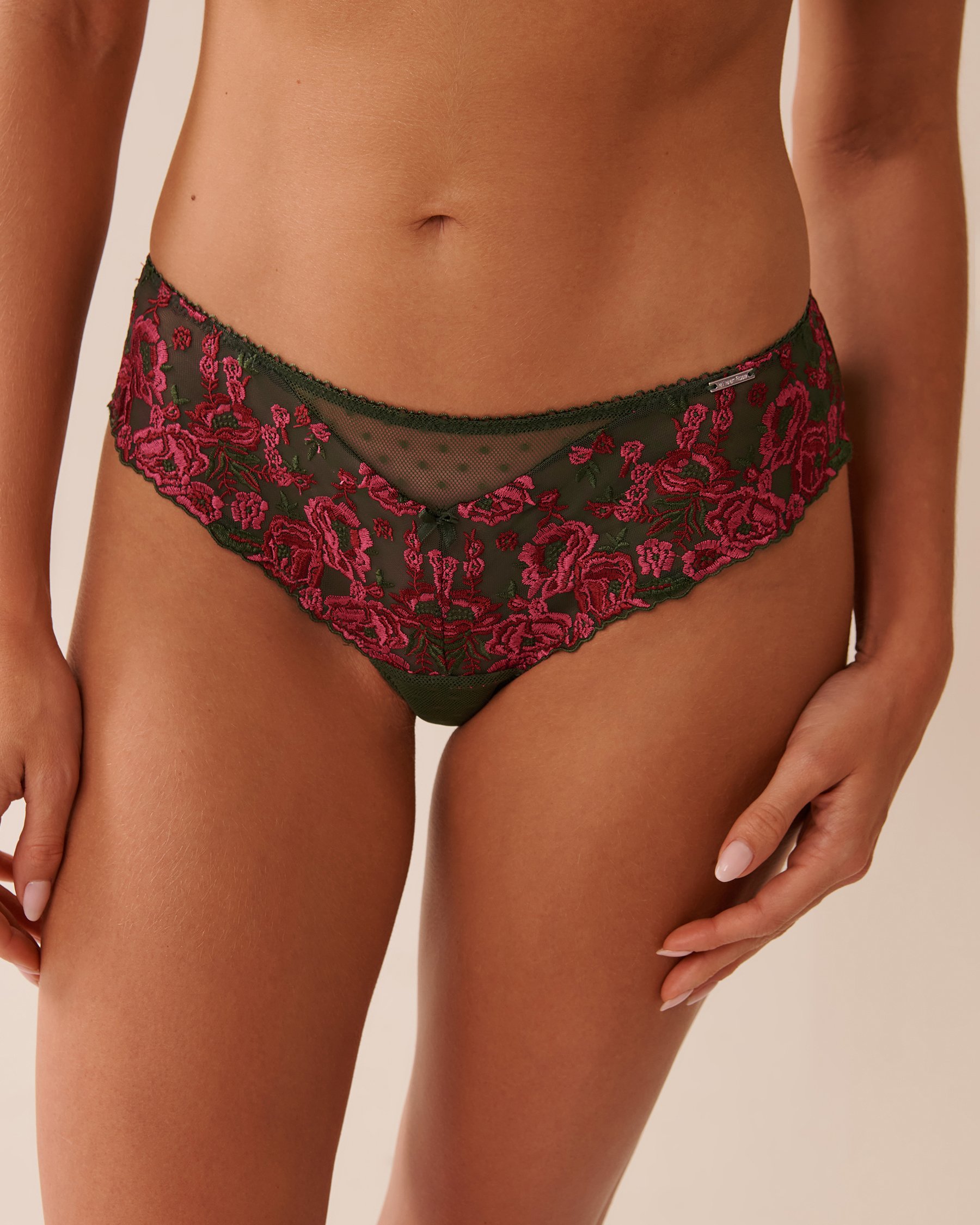 LA VIE EN ROSE Embroidered Mesh Cheeky Panty Green & Pink Floral 20300418 - View3