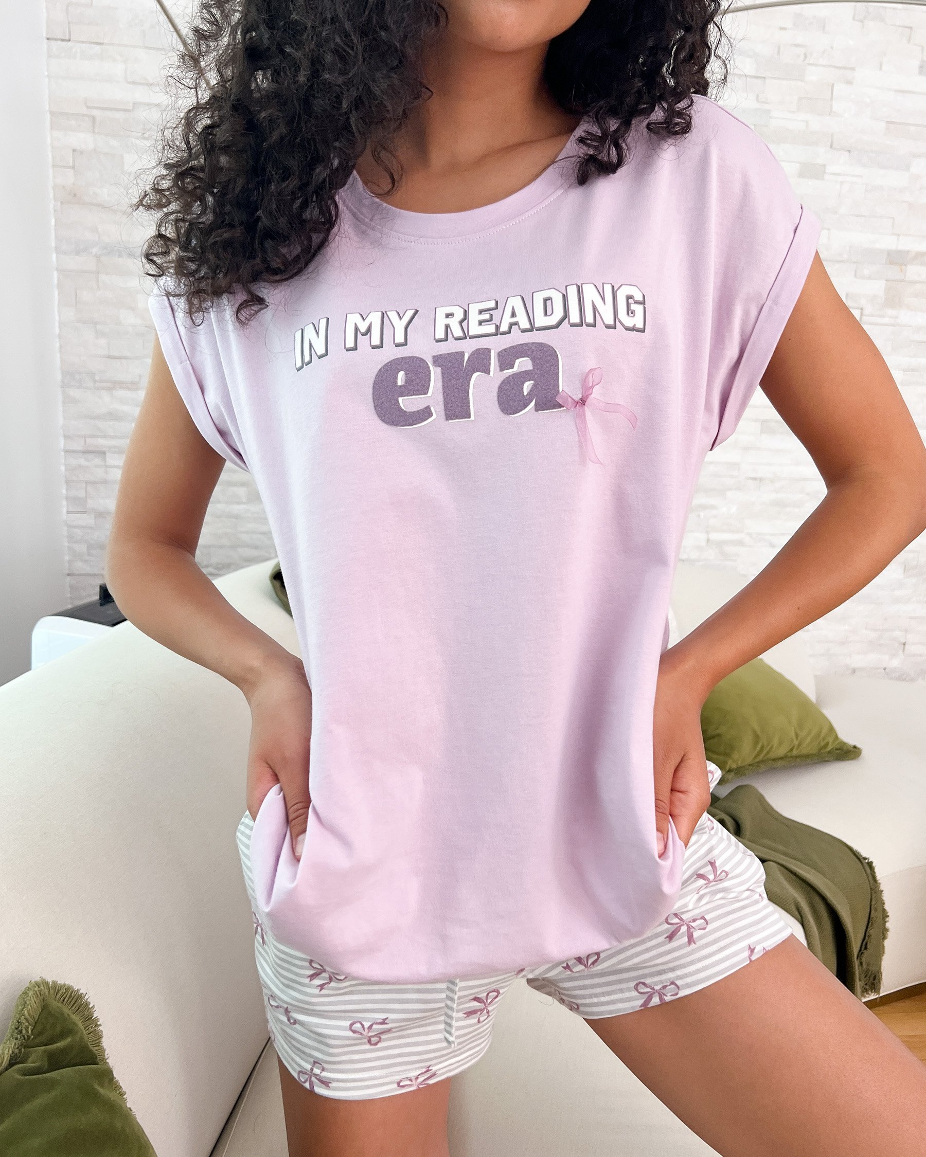 LA VIE EN ROSE Bow Print Cotton Pajama Shorts Grey Stripes/Bows 40200752 - View3