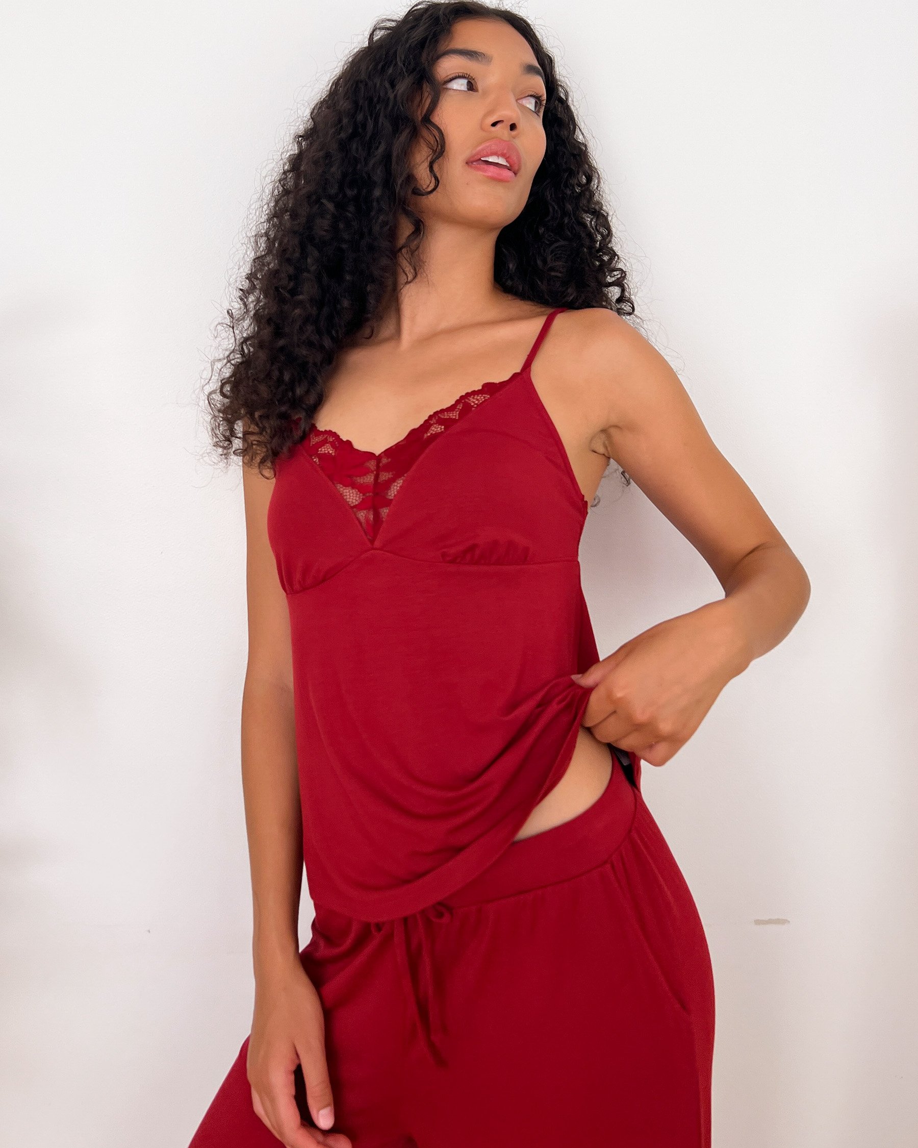 LA VIE EN ROSE Lace Detail Modal Cami Berry Red 60100147 - View4