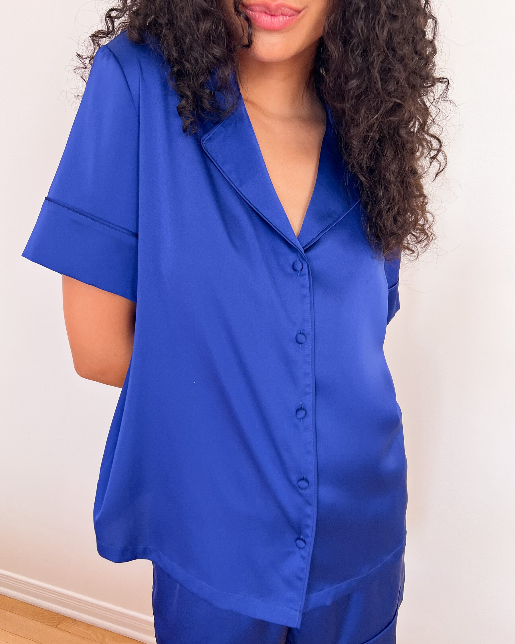 LA VIE EN ROSE Short Sleeve Satin Pajama Set Sapphire Blue 60400058 - View6