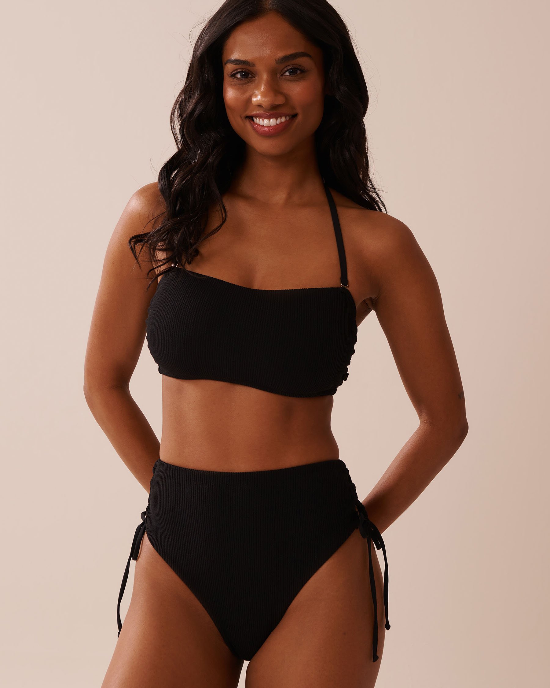 LA VIE EN ROSE AQUA SOLID Textured High Waist Cheeky Bikini Bottom Black 70300764 - View1