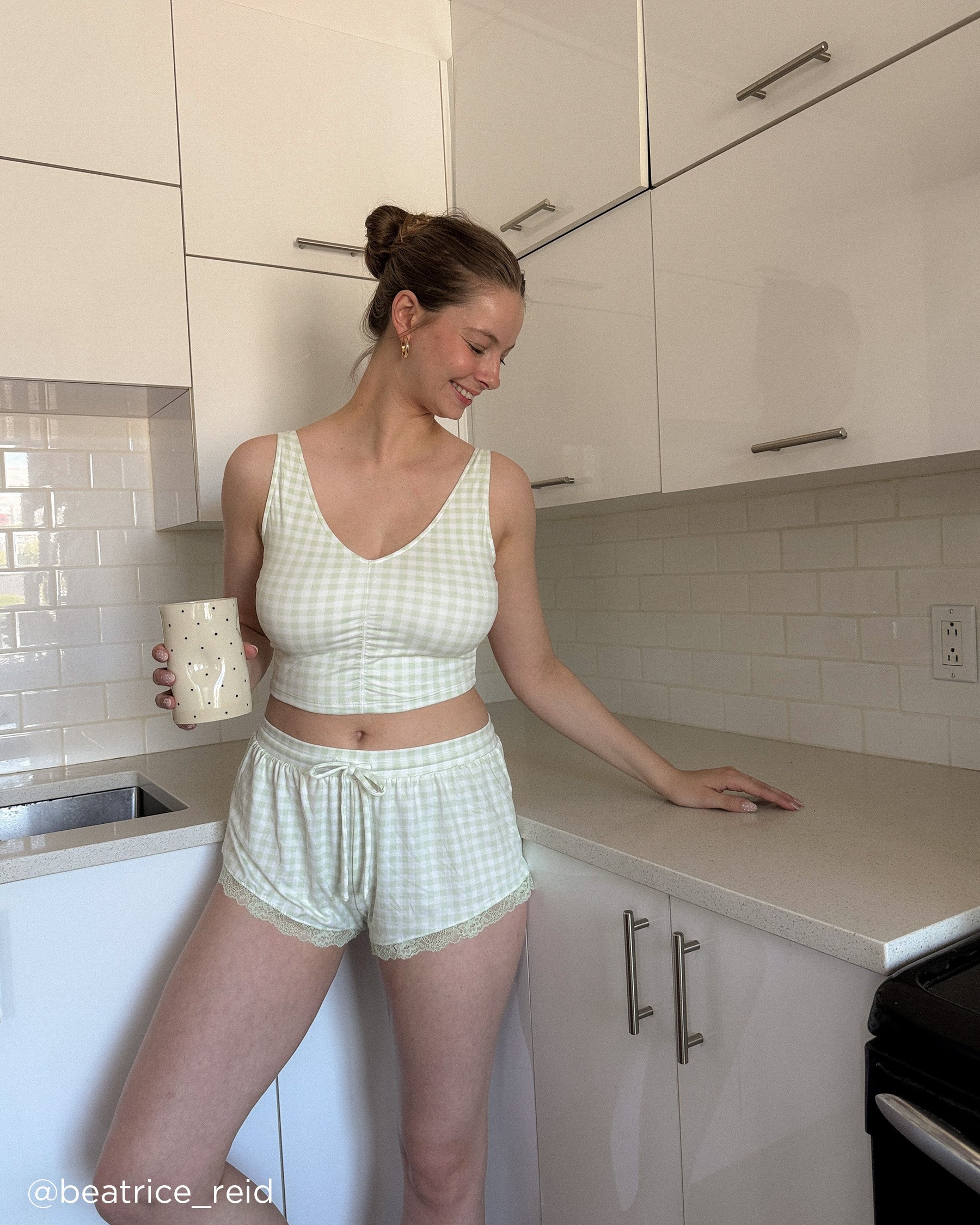 LA VIE EN ROSE Short de pyjama ultra doux bordure de dentelle motif Vichy Vichy vert 40200724 - View4