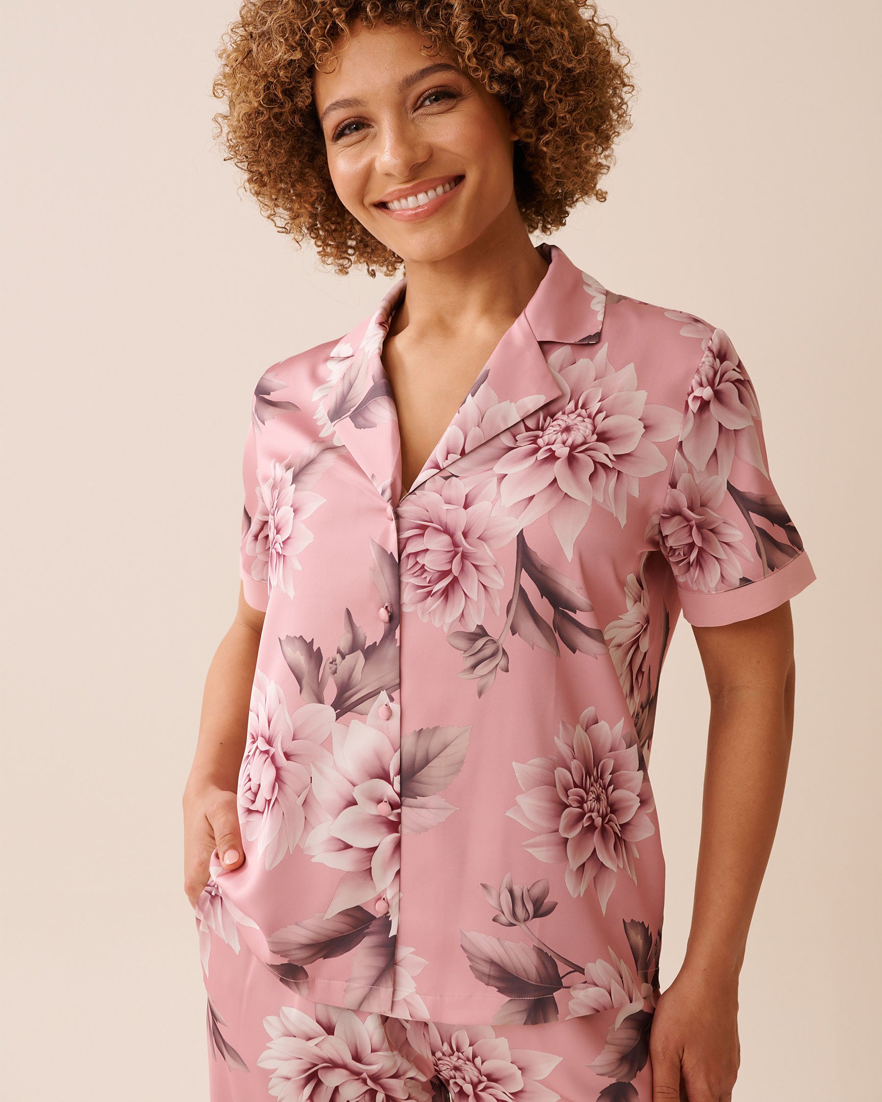 LA VIE EN ROSE Dahlia Print Satin and Chiffon Button-down Shirt Pink Dahlias 60100150 - View1