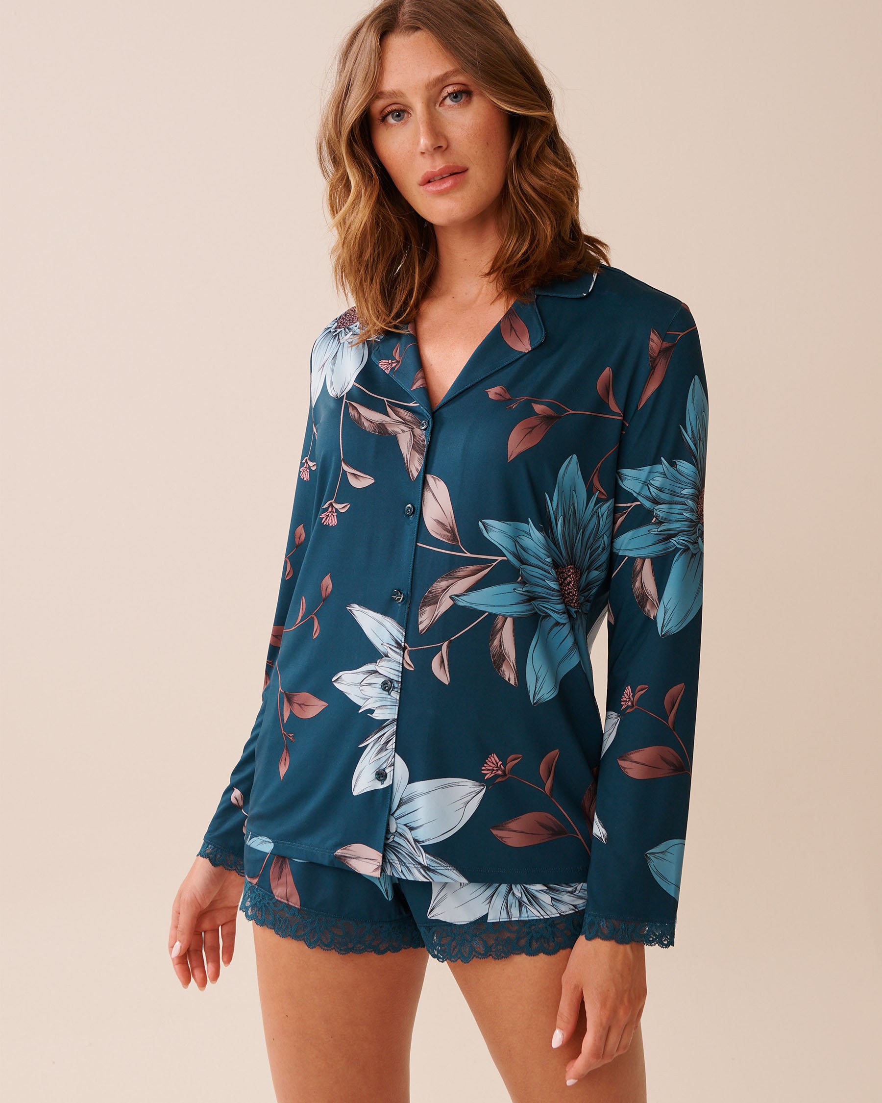 LA VIE EN ROSE Recycled Fibers Chrysanthemum Print Lace Trim Button-down Shirt  Blue Chrysanthemum 60100155 - View1