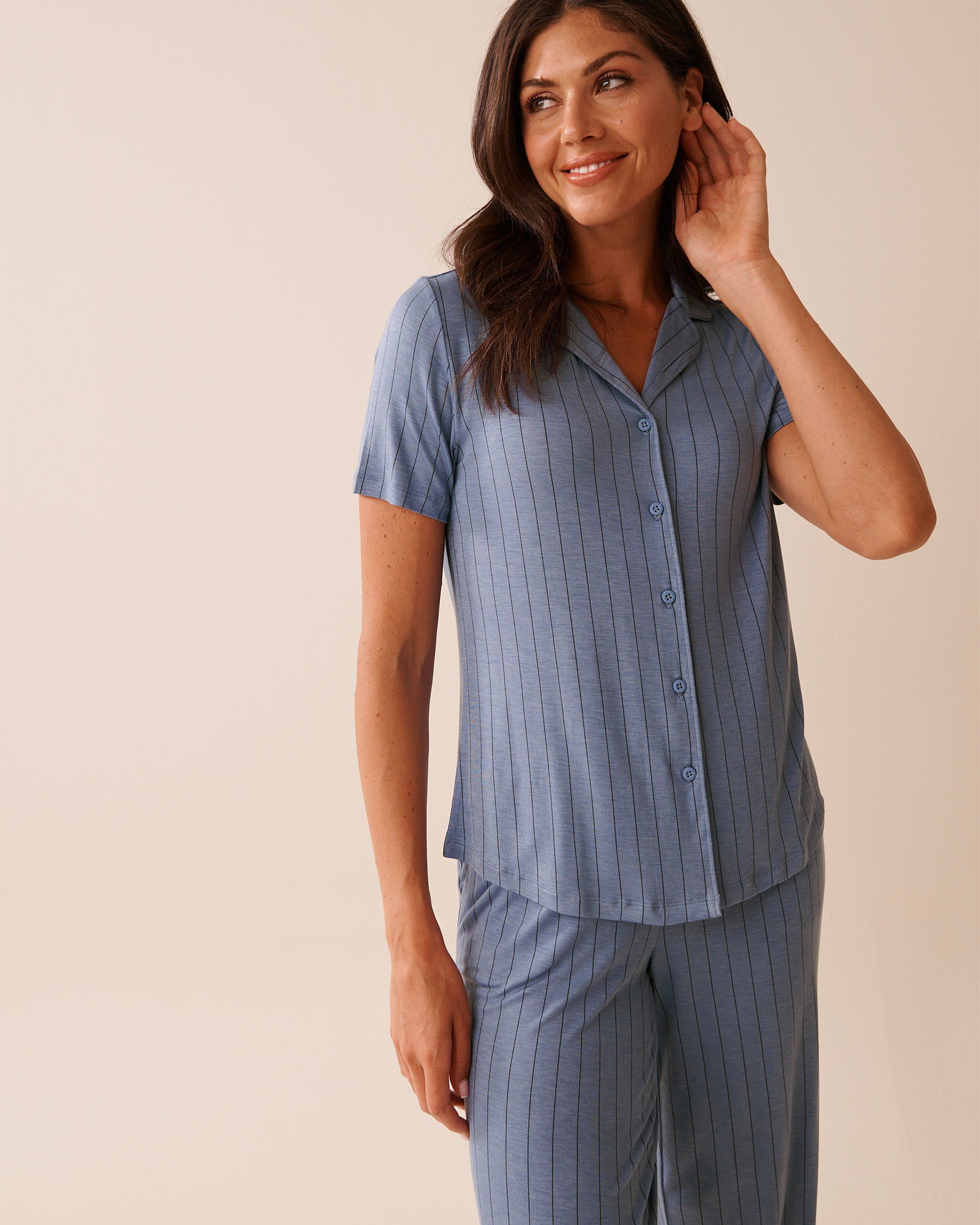 LA VIE EN ROSE Striped Soft Jersey Short Sleeve Button-down Shirt Cloudy Blue Stripes 60100158 - View1
