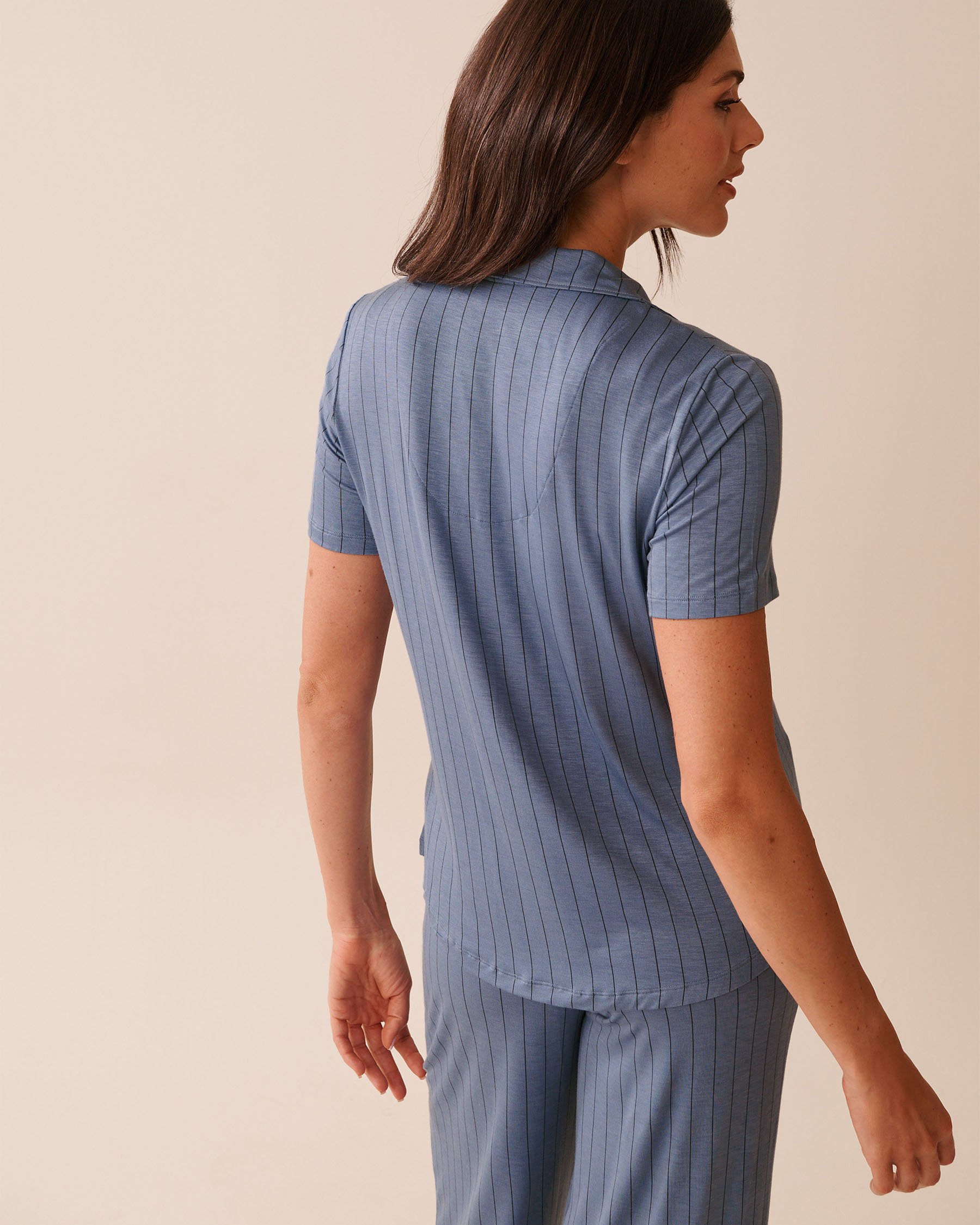 LA VIE EN ROSE Striped Soft Jersey Short Sleeve Button-down Shirt Cloudy Blue Stripes 60100158 - View2