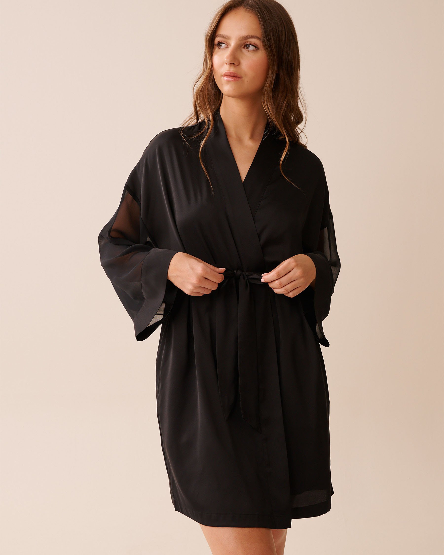 LA VIE EN ROSE Chiffon and Satin Kimono Black 60600105 - View1