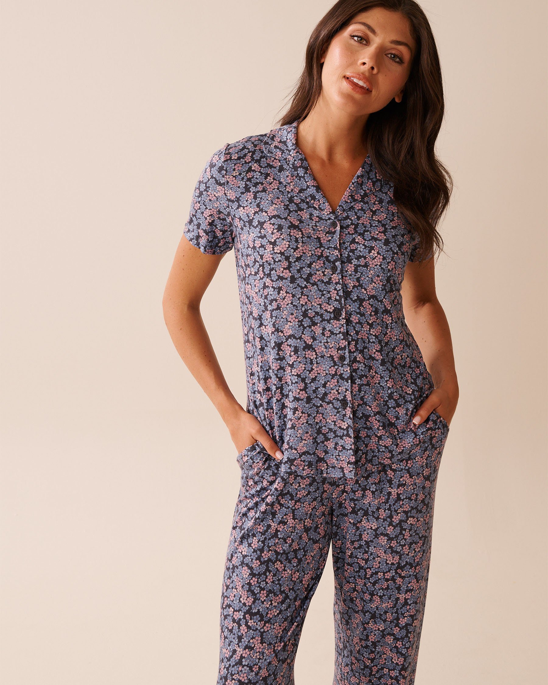 LA VIE EN ROSE Chemisier manches courtes en jersey doux imprimé à fleurs Fleurs mauves 60100158 - View1