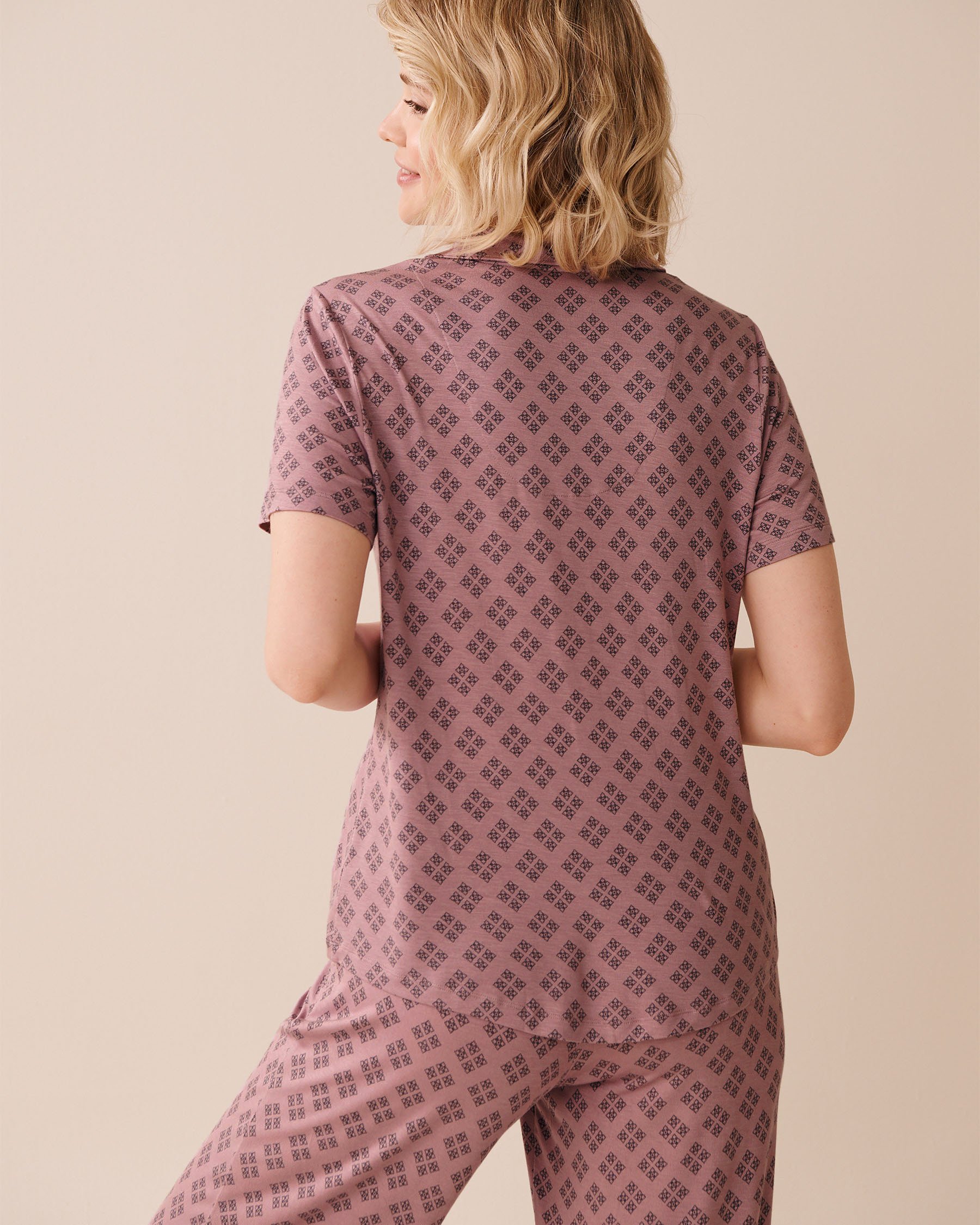 LA VIE EN ROSE Geo Print Soft Jersey Short Sleeve Button-down Shirt Mauve Pink Geo 60100158 - View2